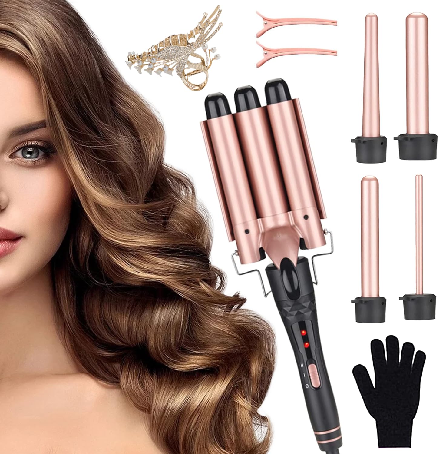 5-in-1 Waver Curling Iron Wand | 3 Barrel Hair Crimper & Interchangeable Curling Wand Set | Fast-Heating Hair Curler for All Hair Types | Professional Hair Styling Tool for Women