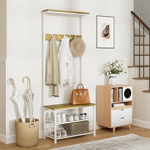 Miniatura 4 de Hall Tree con banco y almacenamiento de zapatos, perchero 3 en 1, perchero de madera independiente con marco de metal, estante de almacenamiento de