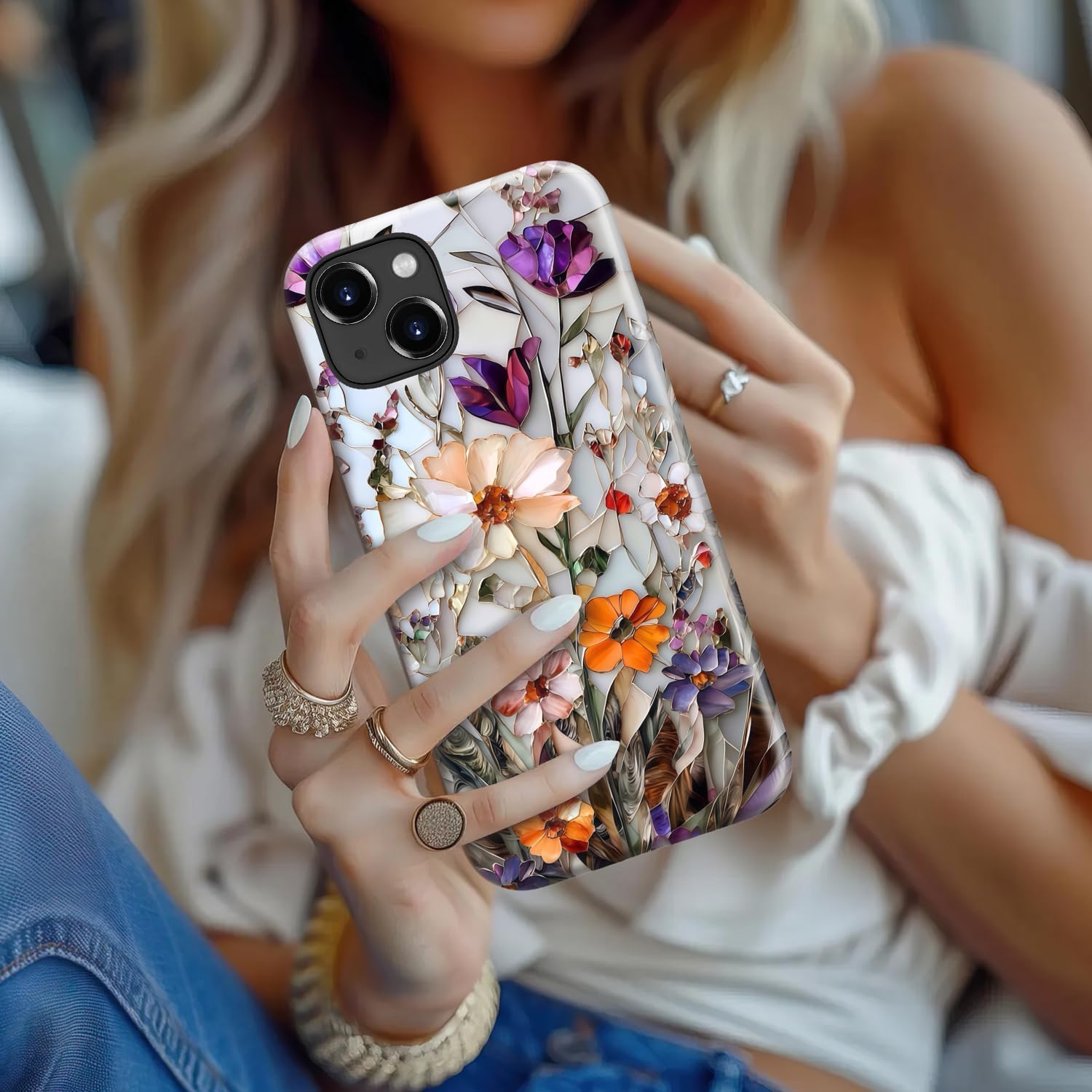 LUHOURI for iPhone 14 Case,Wireless Charging Compatible,Dual-Layer - Soft Silicone Inner + Hard Outer Shell,Cute Wildflower Design,Protective Phone Cover for Women - Marble Pressed Flowers - Image 6