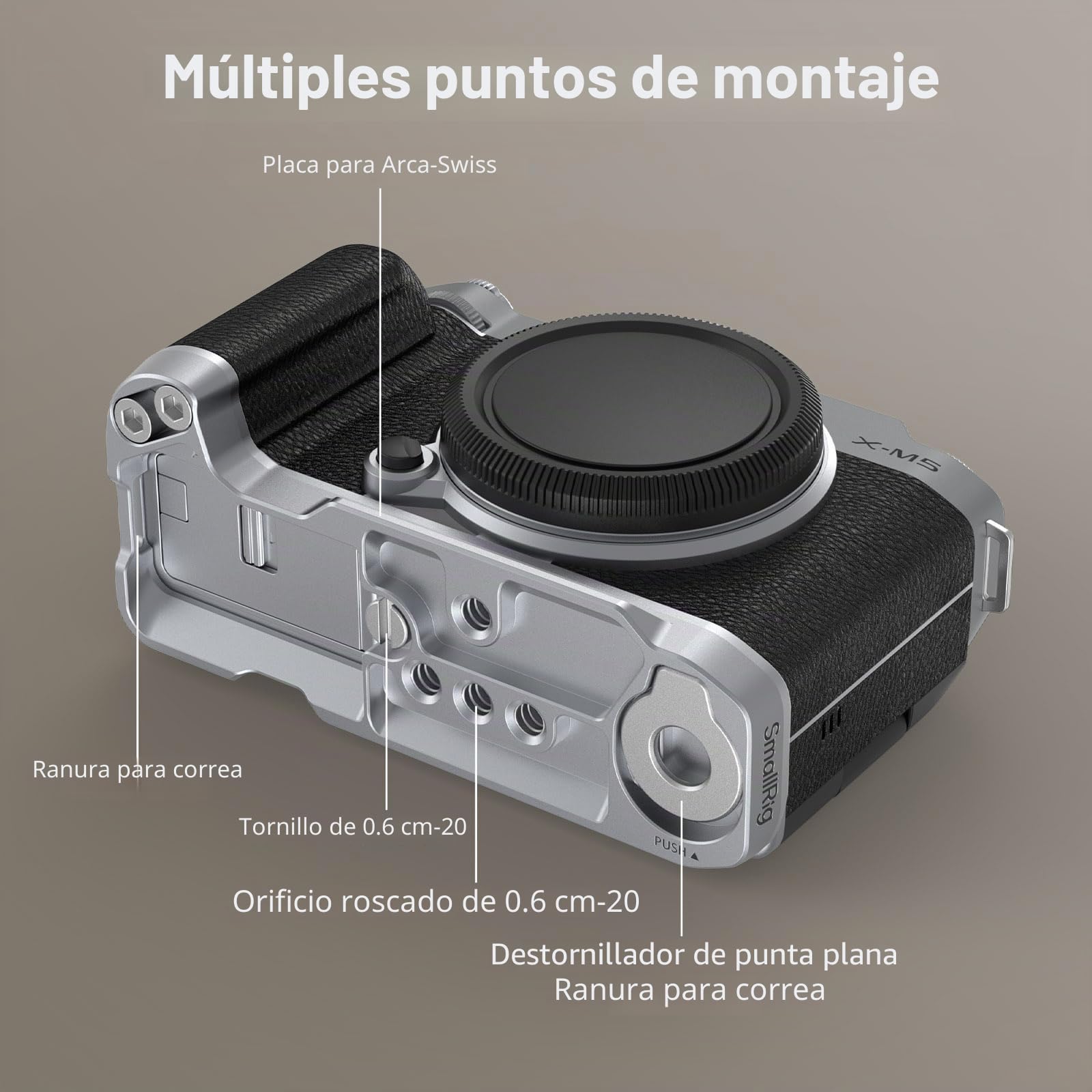 SMALLRIG X-M5 Empuñadura en Forma de L para Cámara para FUJIFILM X-M5, Placa de Liberación Rápida Incorporada para Arca, Incluye Parabrisas con Adaptador de Zapata Fría (Plateada) - 4875