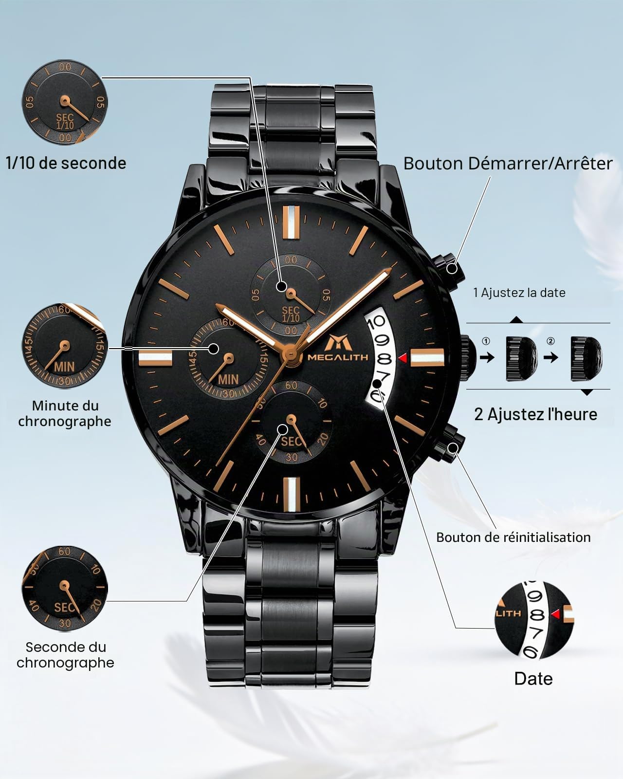 MEGALITH Chronographe Montre Homme Analogique: Montre Bracelet Acier Etanche avec Date Lumineuses - Cadeaux pour Hommes Travail Vêtements Décontractés du Quotidien