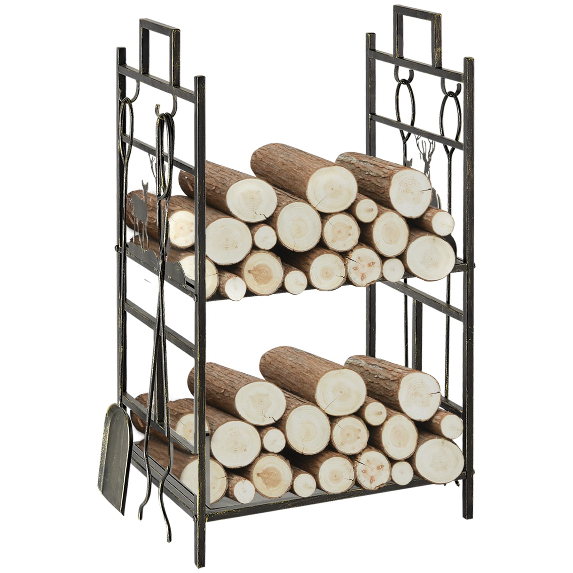 Outsunny Soporte para Leña de Metal de 2 Niveles Estante para Leña con 4 Herramientas y Asas para Chimenea para Interior y Exterior 51,5x33x77 cm Negro Dorado