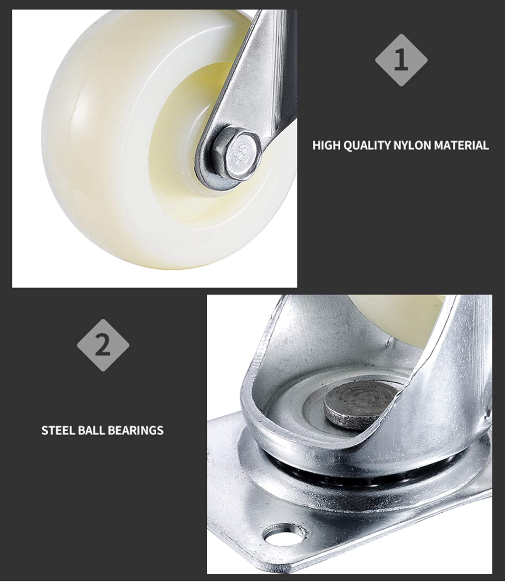 4 robuste Lenkrollen for Möbel, Tischwagen, Bett, Werkbank | 360-Grad-Oberplatte mit gebremsten Nylon-Möbelrollen, Tragfähigkeit 400 kg, leises Rollen(Standard+swivel,2.5in/63mm)