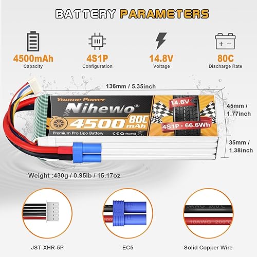 Miniatura 5 de Nihewo Paquete de 2 baterías Lipo 4s 14.8v RC batería 4500mAh 60C con enchufe EC5 compatible con Arrma Axial Losi Blade E-flite 16 18 escala RC