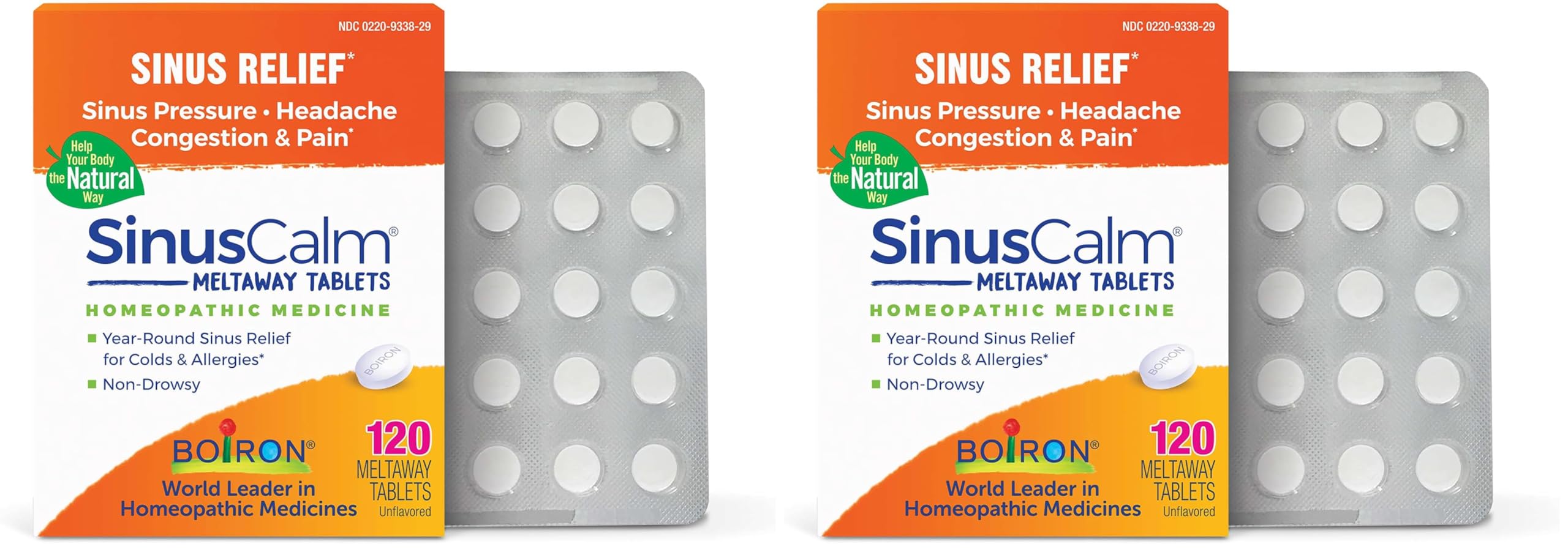 Boiron SinusCalm Tablets for Sinus Pain Relief,Runny Nose,Congestion,Sinus Pressure,Headache -,120 Count (Pack of 2)