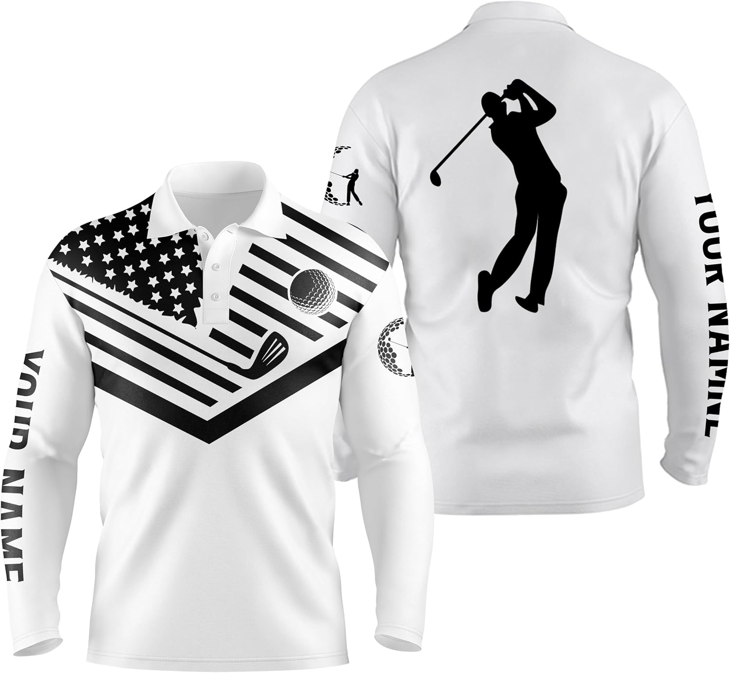 Men's Black Golf Polo Shirt with American Flag Design - Custom Name Option - 4th of July Celebration Performance Golf Polo Shirt Personalized N3671