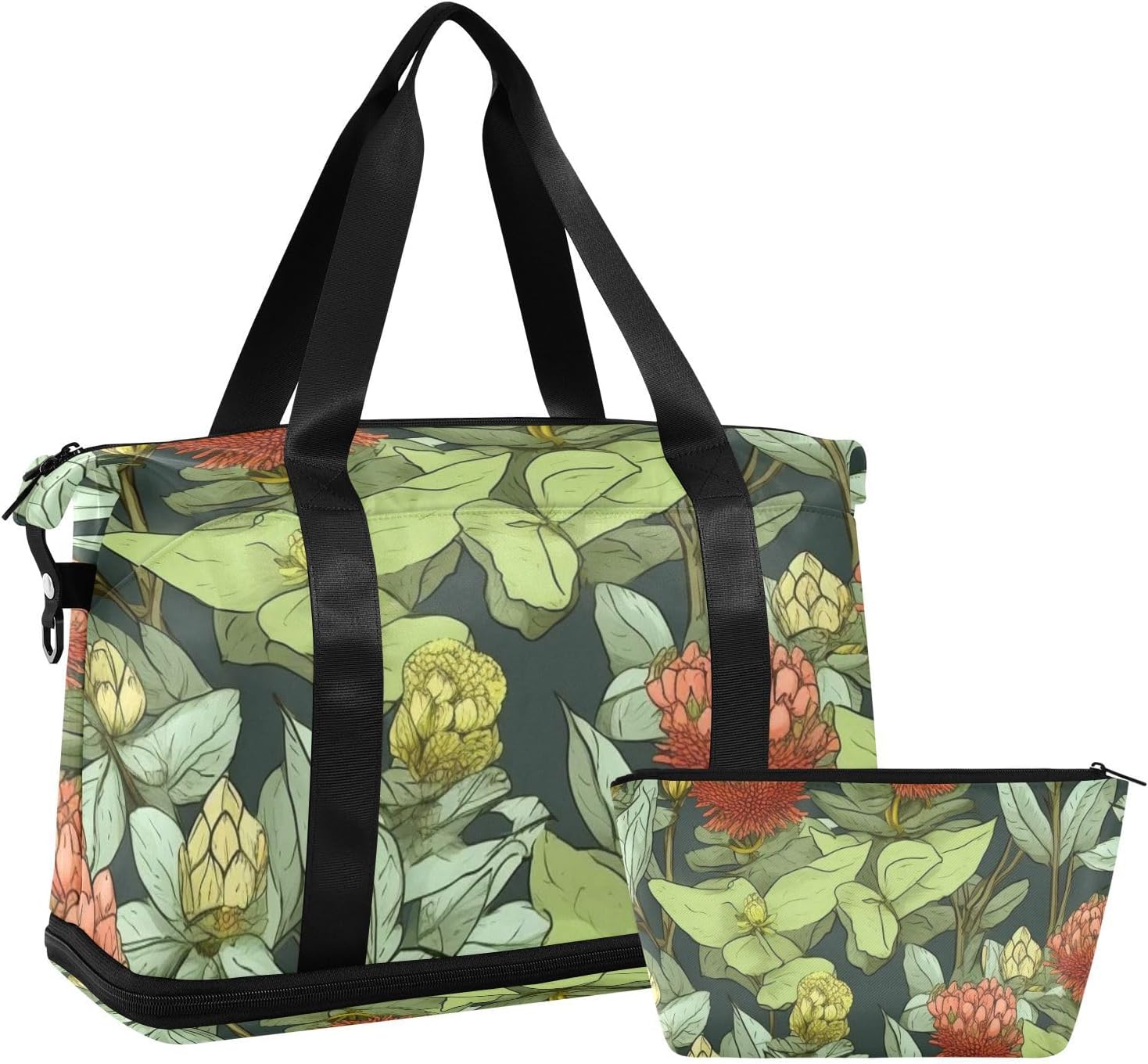 Red Vintage Flowers Travel Tote Bag Gym Bag with Toiletry Bag for Airplane Traveling 2 Pcs Set