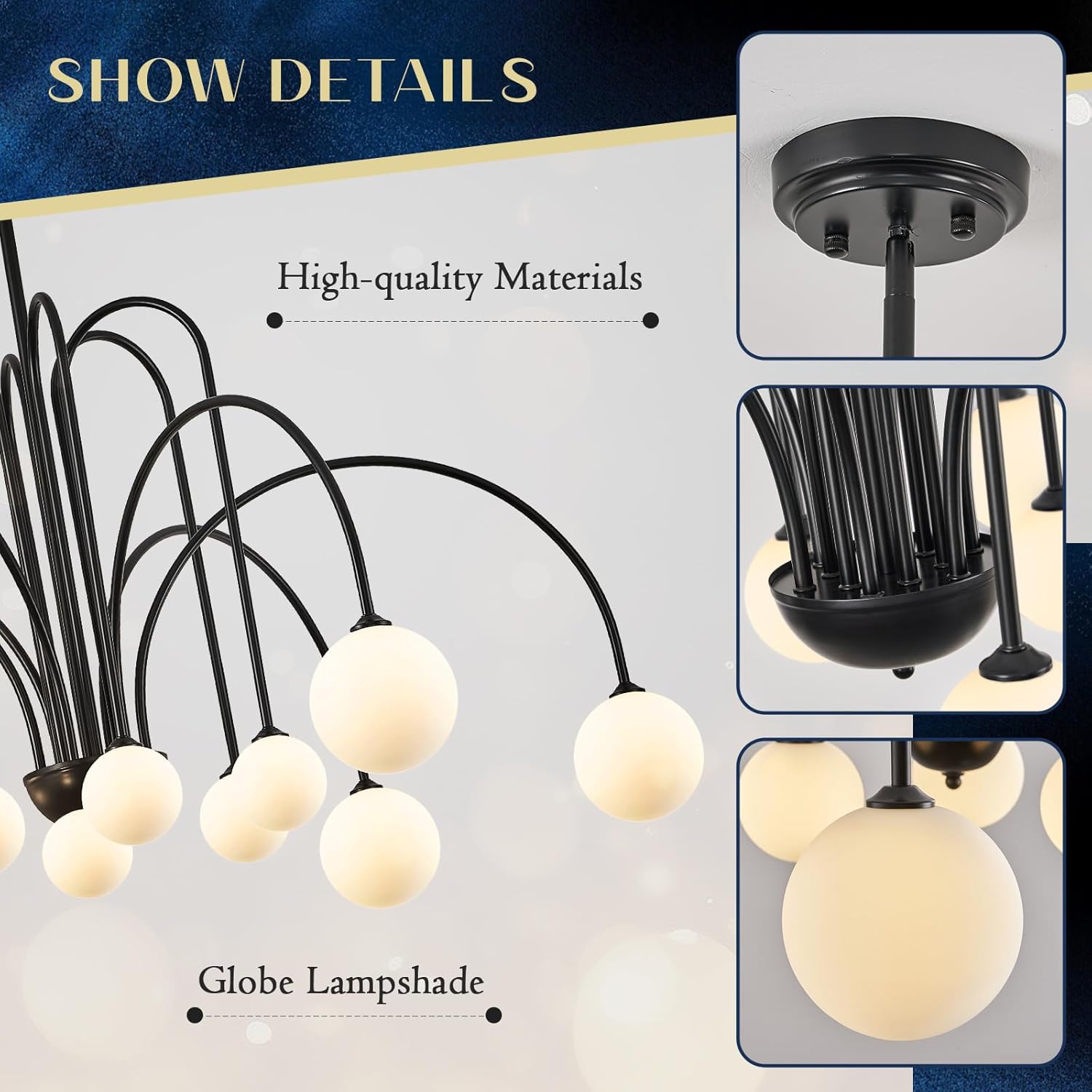 L52” Modern Sputnik Chandelier Large 12 Lights Mid Century Milk Glass Globe Ceiling Pendant Lighting Luxury for High Ceiling Foyer Staircase Living Dining Room