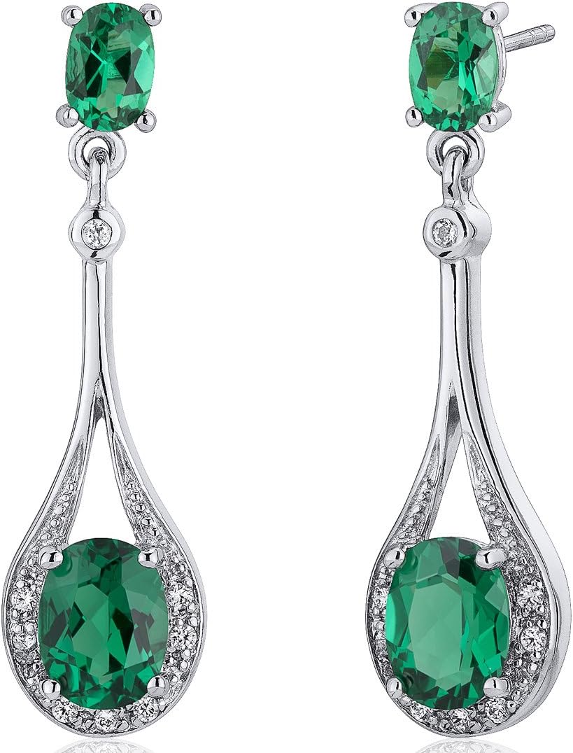 Peora Simulated Emerald Dangle Earrings for Women 925 Sterling Silver, Halo Drop 3.50 Carats total Oval Shape, Friction Backs, Sparkling Green Earrings, May Birthstone