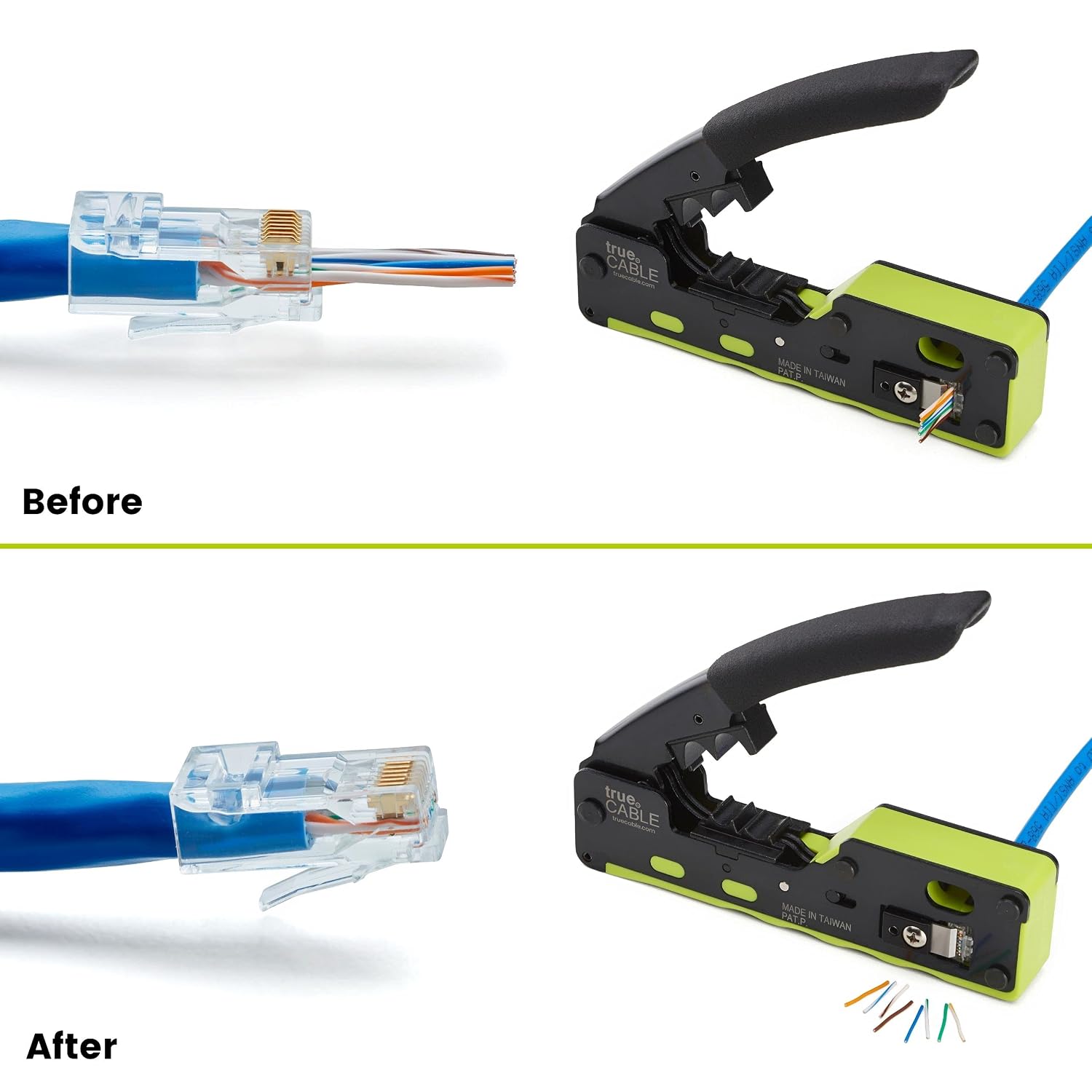 trueCABLE Cat6A Extra Large RJ45 Pass Through Connectors, Staggered, Unshielded (UTP) Modular Plug, UL Listed, EZ Crimp End, Gold Plated 3 Prong 8P8C, 10 Pieces