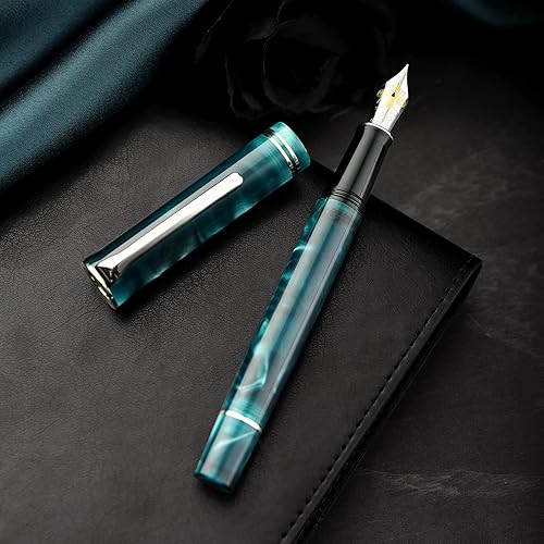 Miniatura 9 de HONG DIAN N2 - Pluma estilográfica, punta extra fina iridio, diseño acrílico azul turquesa, bolígrafo de escritura suave con convertidor y caja de