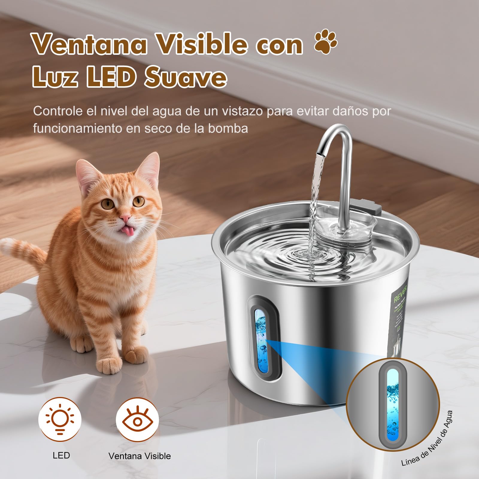 Fuente para Gatos Acero Inoxidable 2,2 L – Rever E101 Fuente de Agua para Gato con Ventana Visible y Bomba Ultra-silenciosa, Sistema de Multi-filtración, Bebedero Gatos y Animales Pequeños (Plata)