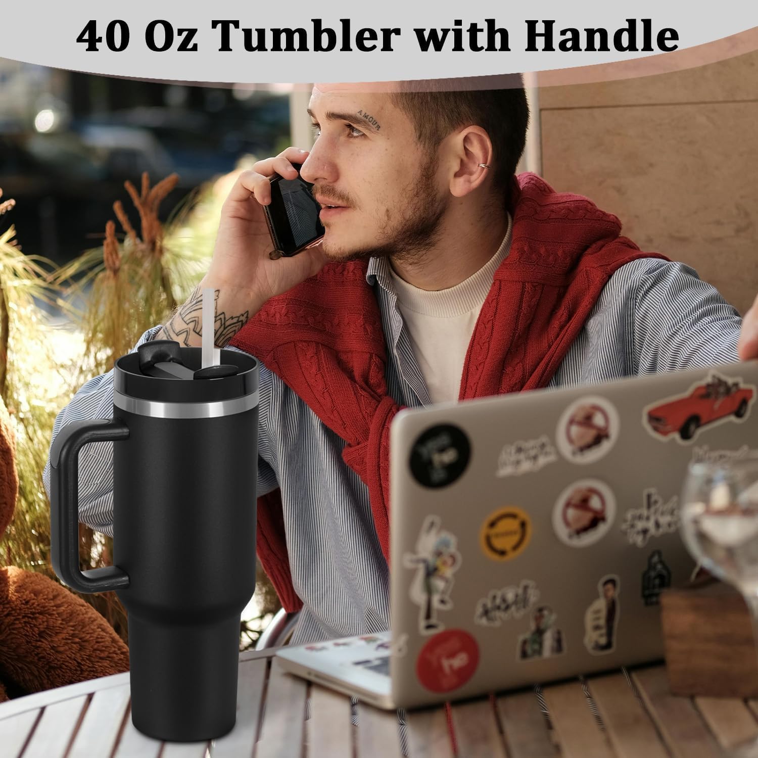 4 Pack 40 Oz Tumbler with Handle Bulk, Double Wall Vacuum Insulated Stainless Steel Tumbler with Lid and Straw, 40 oz cup with Silicone Spill Proof Stopper Set (Black) - Image 7