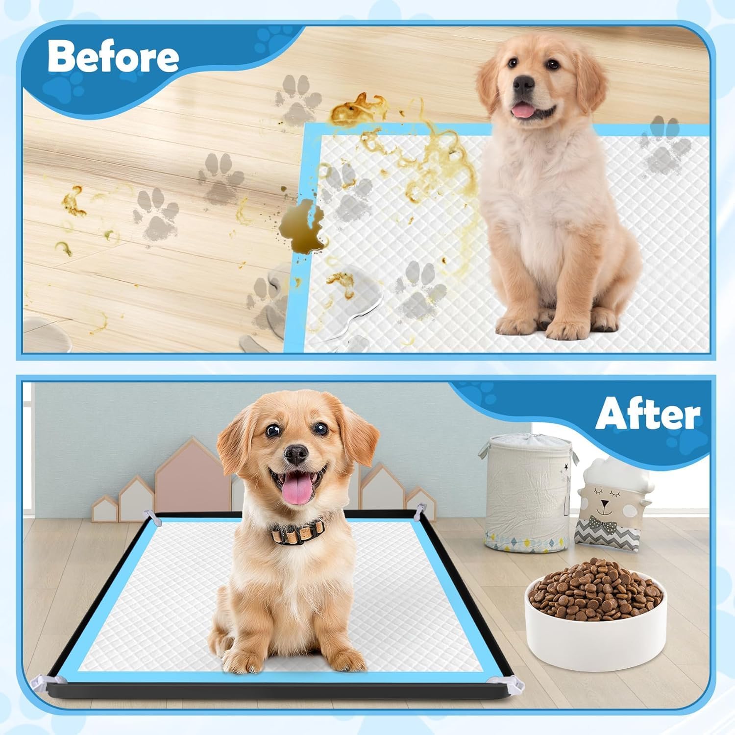 Dog Pee Pad Holder, 2 Pack Dog Potty Tray Silicone Puppy Pad Holder Tray Fits for 24" x 24" Training Pads, Puppy Potty Tray With 8 Clamps No Spill Raised Lip High Edge for Floor Protection (Black)