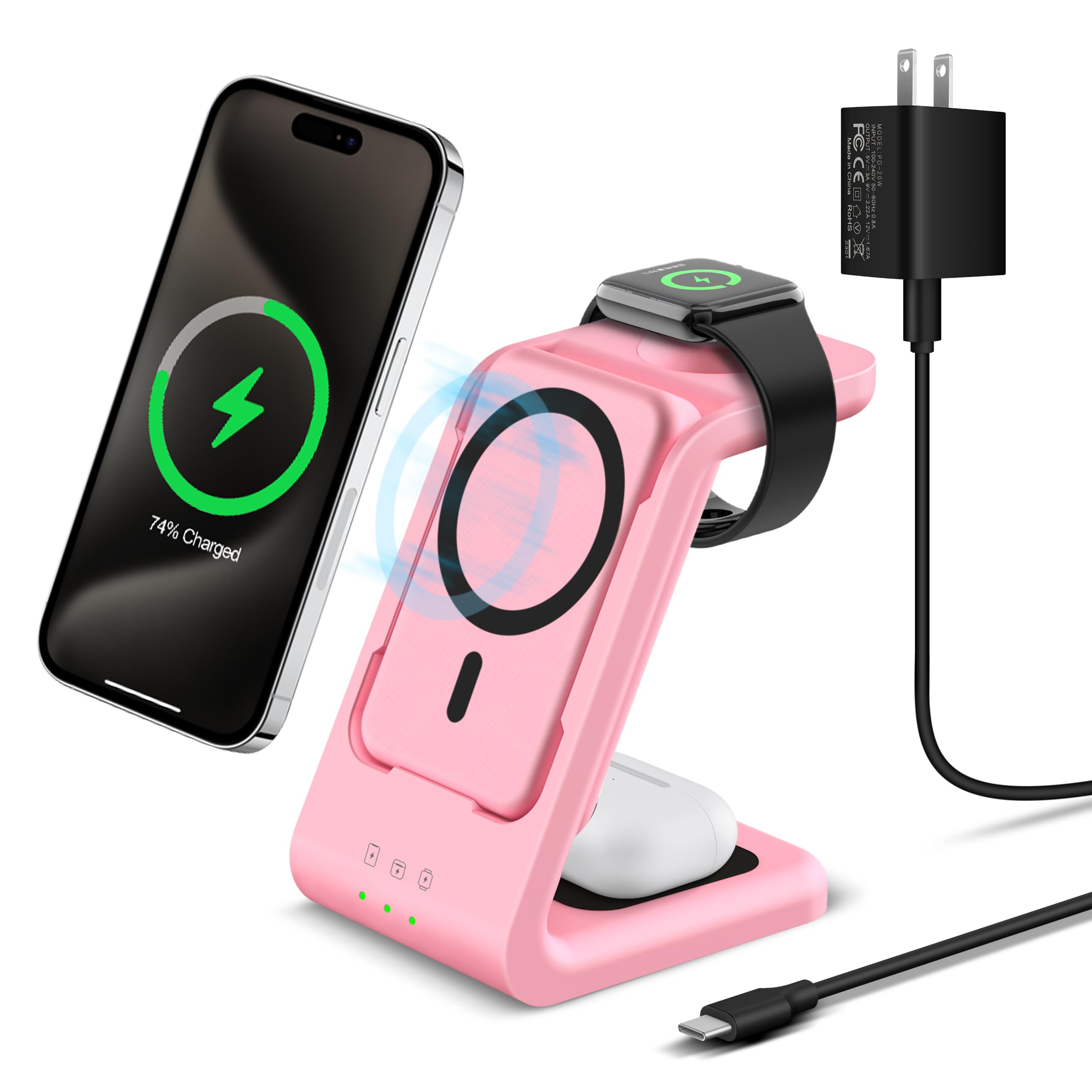 Smtcsl 3 in 1 Wireless Charging Station: 5000mAh Removable Power Bank Charger Stand for Phone/Watch/Air Pods - Portable Magnetic Battery Pack for Air 17 16 15 14 13 12 Series Pink