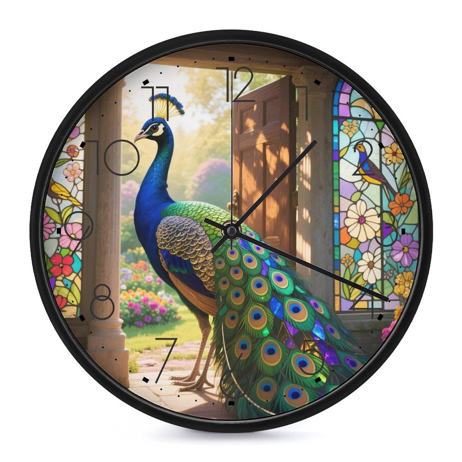 DWVTSLH Stained Glass Peacock Wall Clock 10 Inch Silent Non-Ticking Modern Clocks Battery Operated - Decorative Wall Clocks for Bedroom Living Room Kitchen Office Wall Decor Gift Idea