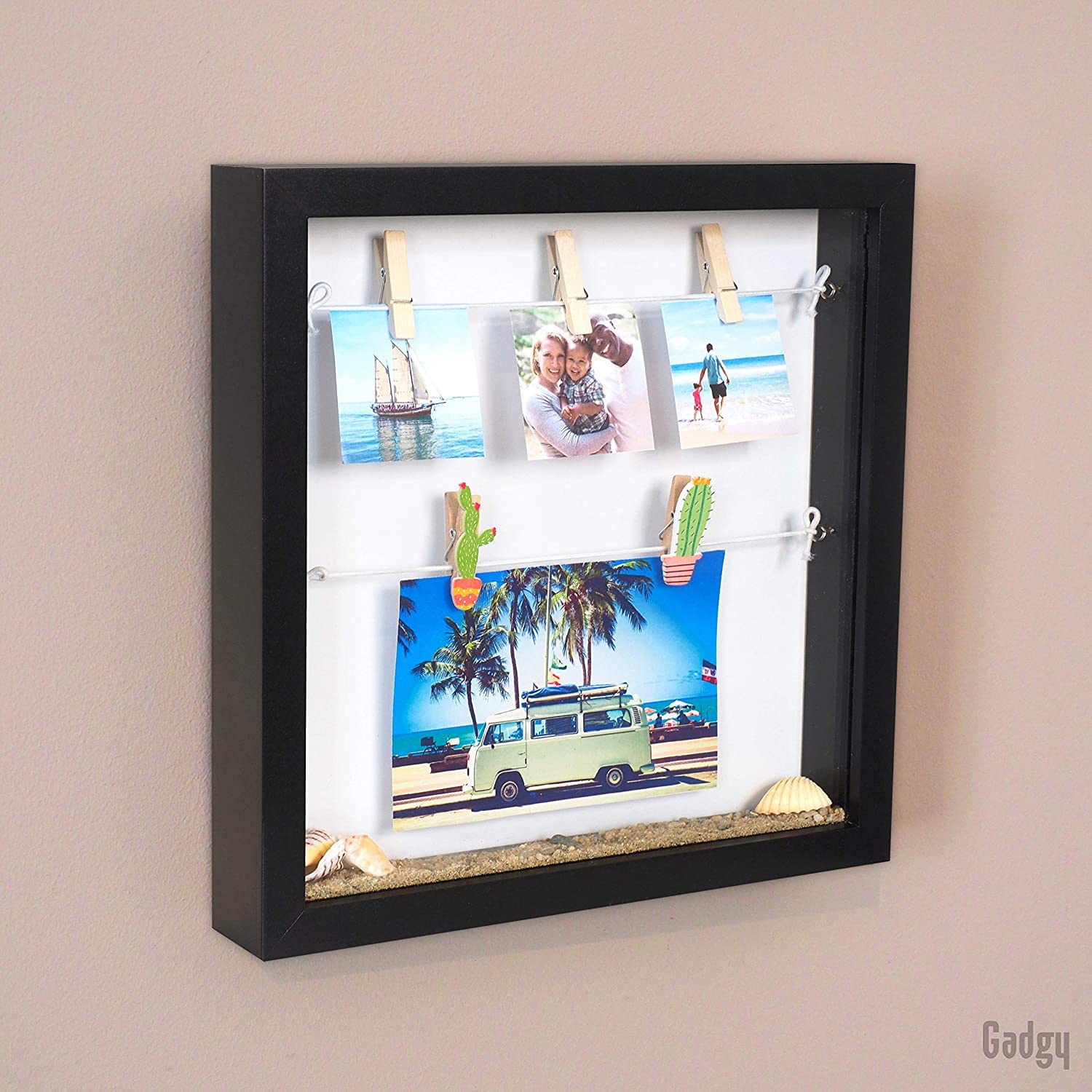 Gadgy® Ramka Pudełkowa 3D - Shadow Box z 18 Klipsami na Zdjęcia, Czarna Głęboka Ramka na Wspomnienia i Dekoracje - 25x25x4 cm