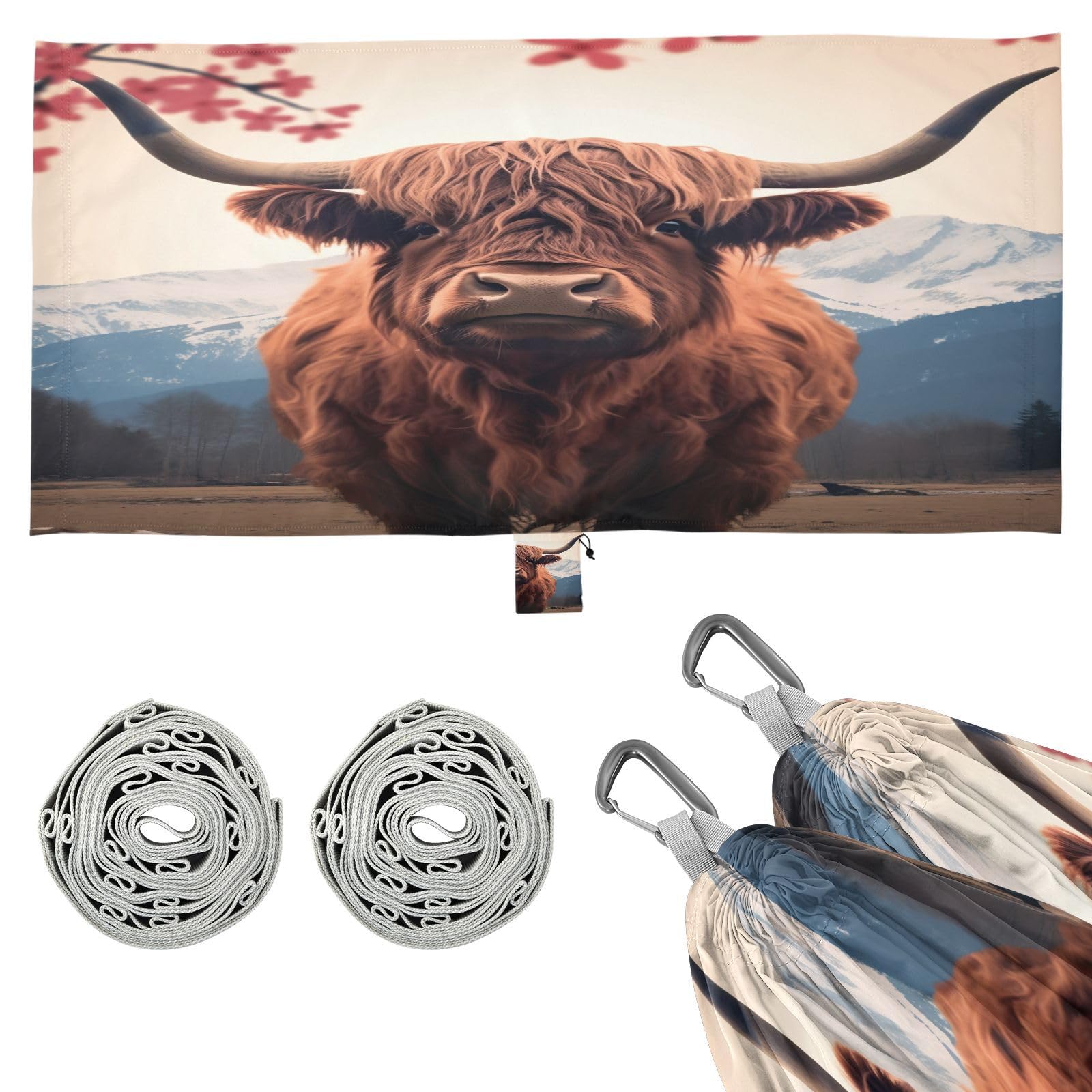 Haskirky Highland Cows Camping Hammock, Single Portable Hammocks with Tree Straps & Attached Carry Bag, 330Lbs Capacity Perfect for Outside Indoor Hiking Beach Backpack Travel