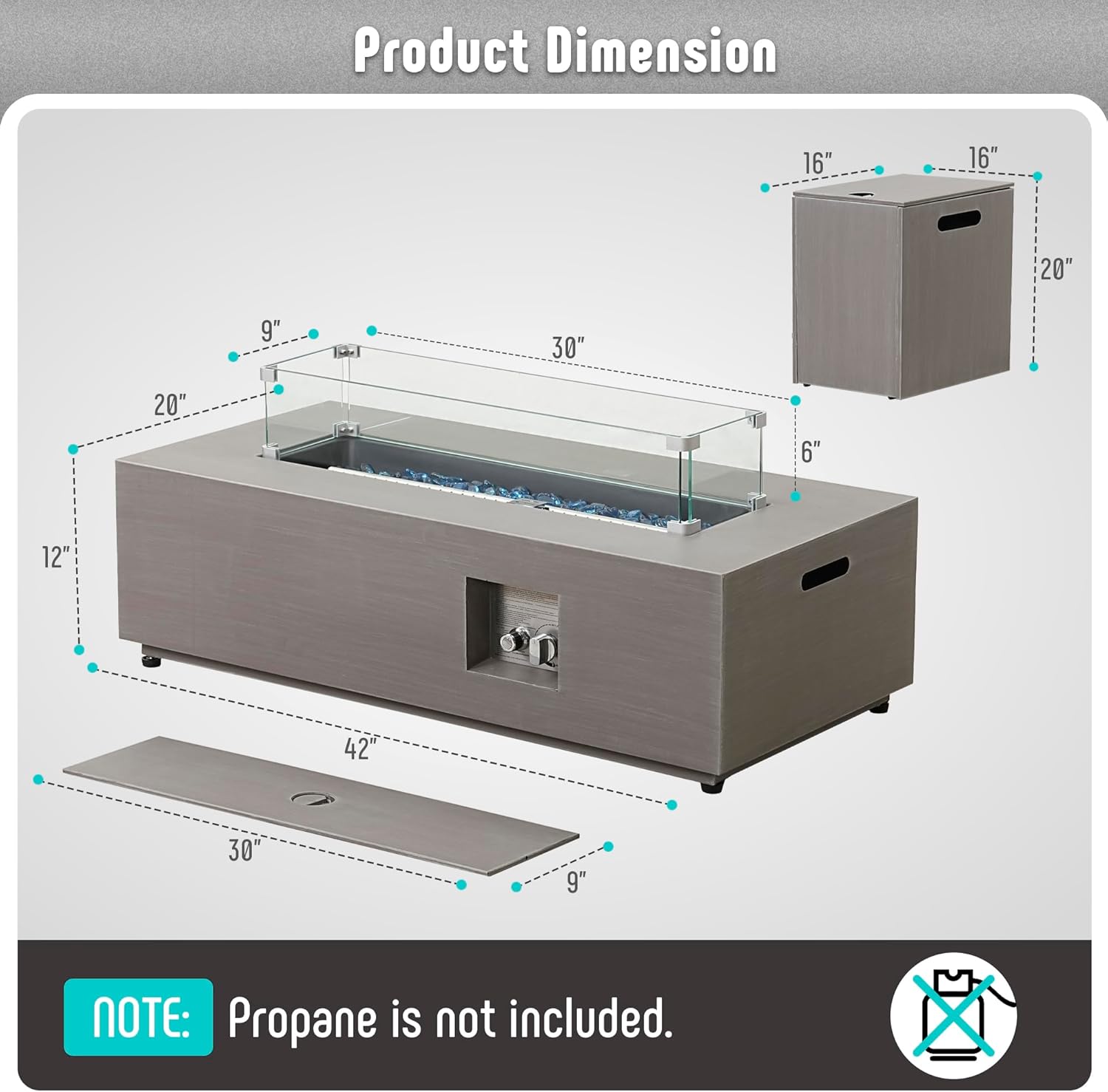42’’ Propane Fire Pit Table Set with Tank Holder, CSA Certifed 50,000 BTU Outdoor Firepit Table, Wind Guard & Glass Stones, Smoke-Free Rectangular Fire Table for Garden Porch Backyard