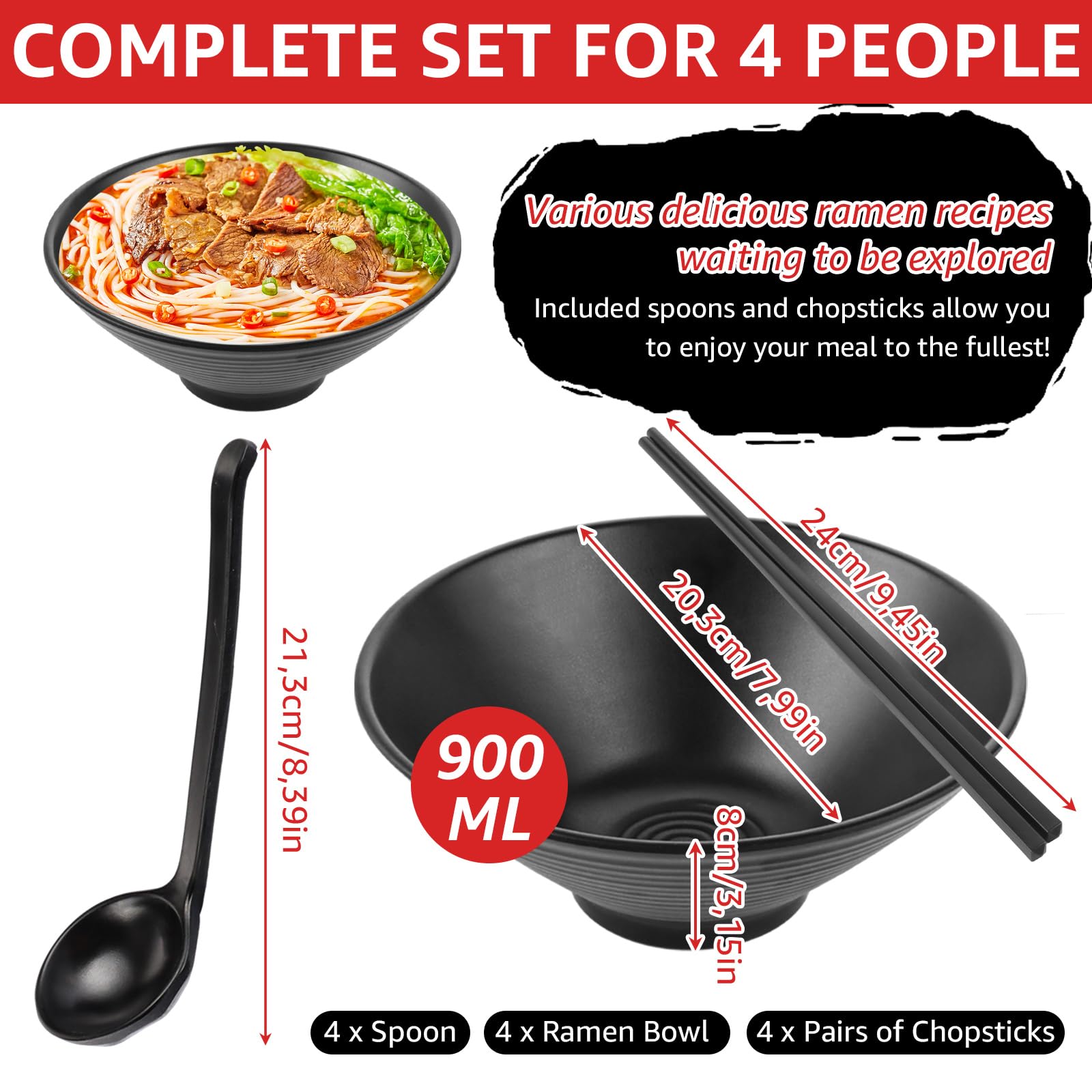 Zestaw 4 Misek do Ramen 1000 ml z Łyżeczką i Pałeczkami - dla Buldak, Makaron Udon, Chiński Makaron, Ramen Nissin
