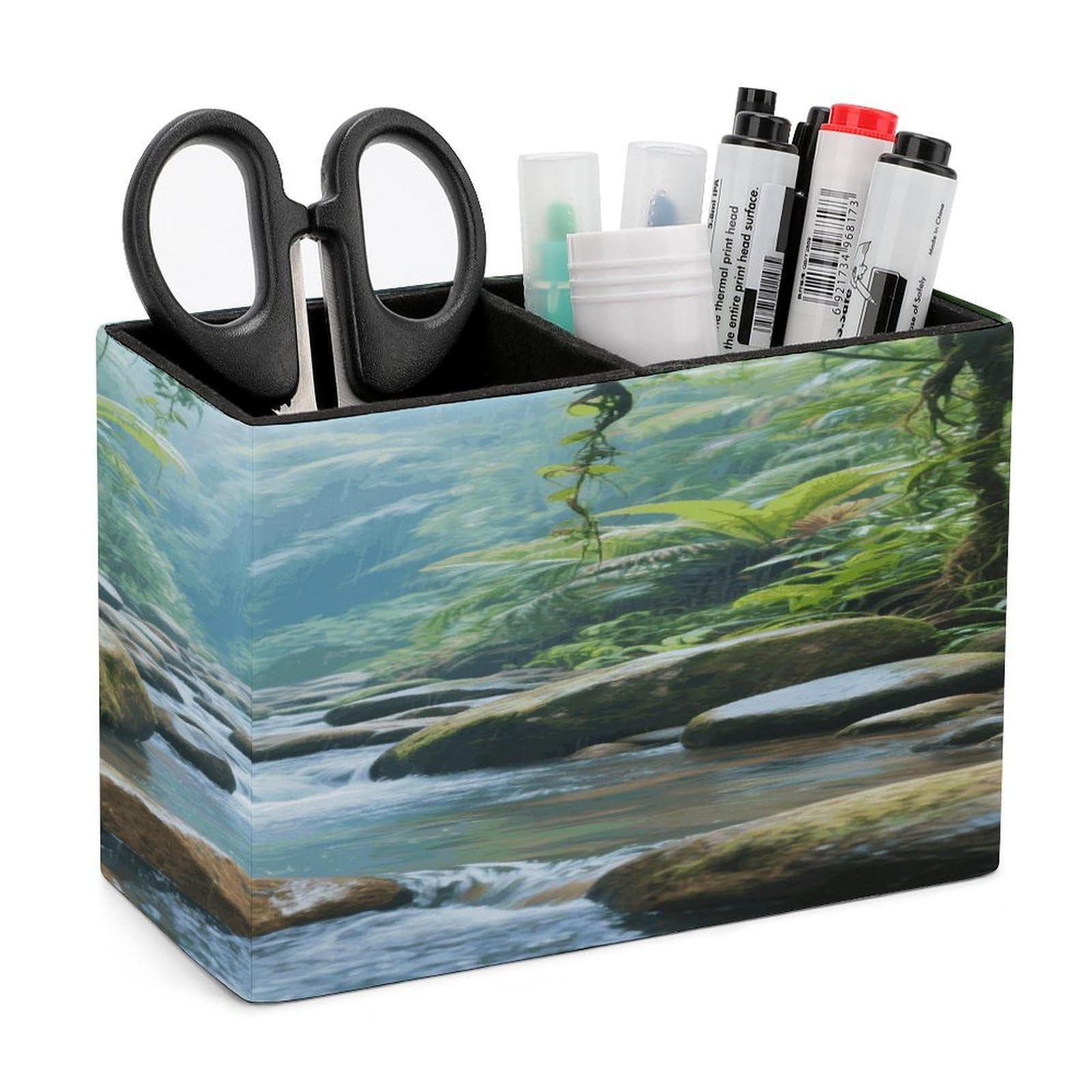 VstaDank Rainforest Stream Beach Pencil Holder for Desk Organizer 2 Compartments Pen Cup Leather Square Pen Holder Pencil Cup Stand Makeup Brush Holders for Desktop Organizer Storage Case