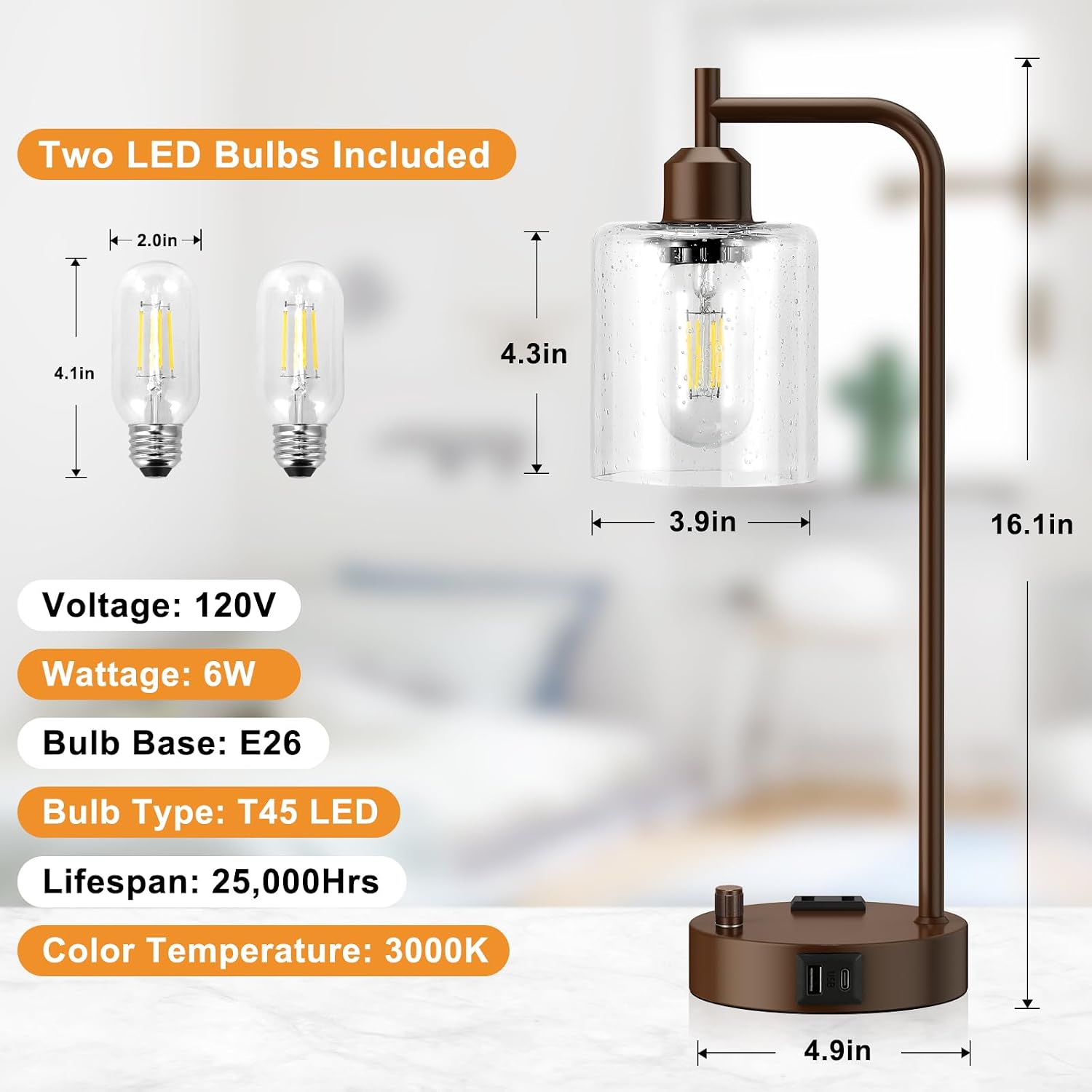 Innqoo Industrial Table Lamps for Bedrooms Set of 2 - Fully Dimmable Bedside Lamps with USB Ports and Outlet, Brown Nightstand Lamps with Glass Shade for Living Room, Desk Lamps for Office Reading thumbnail
