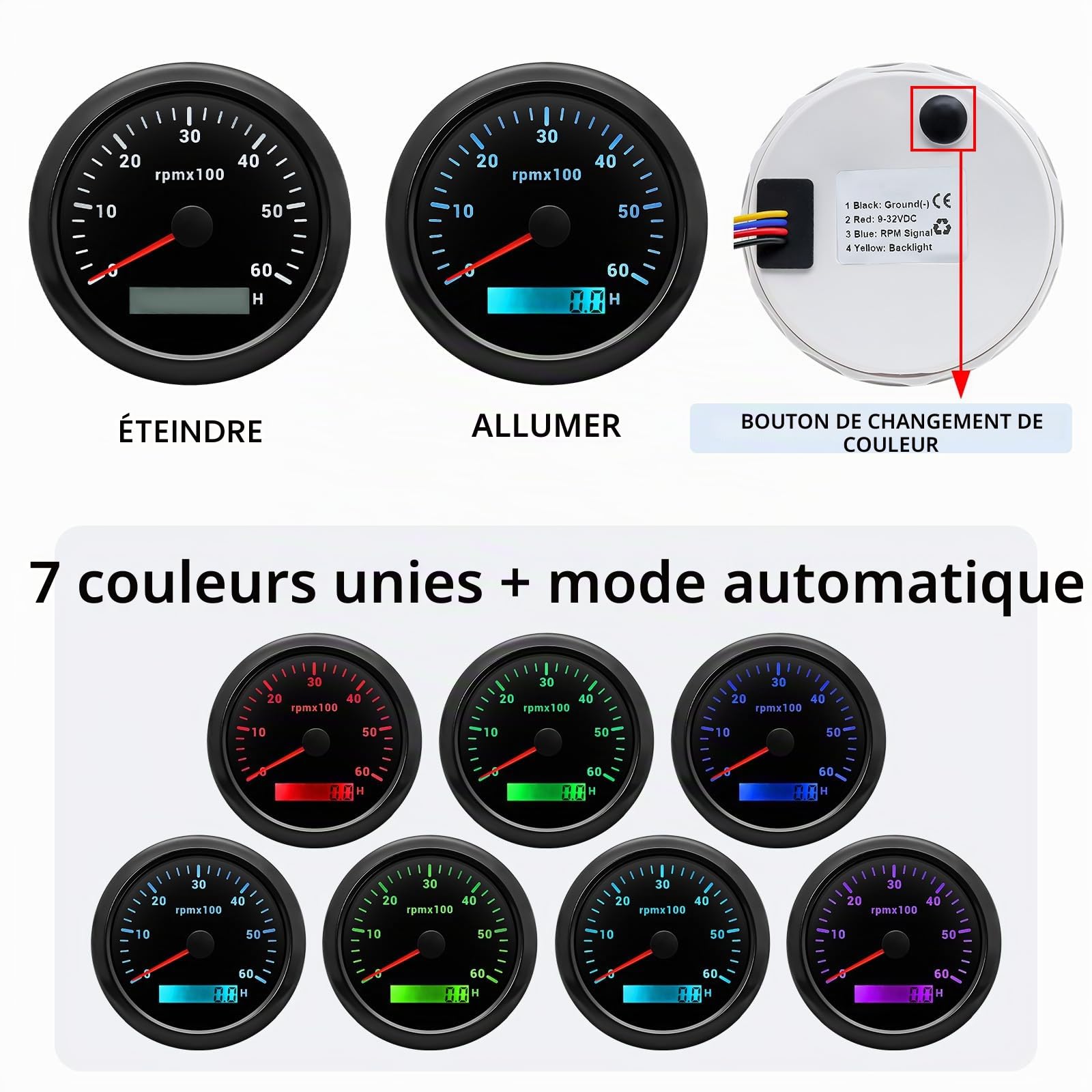 Tachymètre jauge 7 couleurs 85 mm 3-3/8'' compte tour electronique tachymètre de rechange automobile noir 0-6000 tr/min tacométro mètre LED pour voiture, bateau, camion 9-32 V