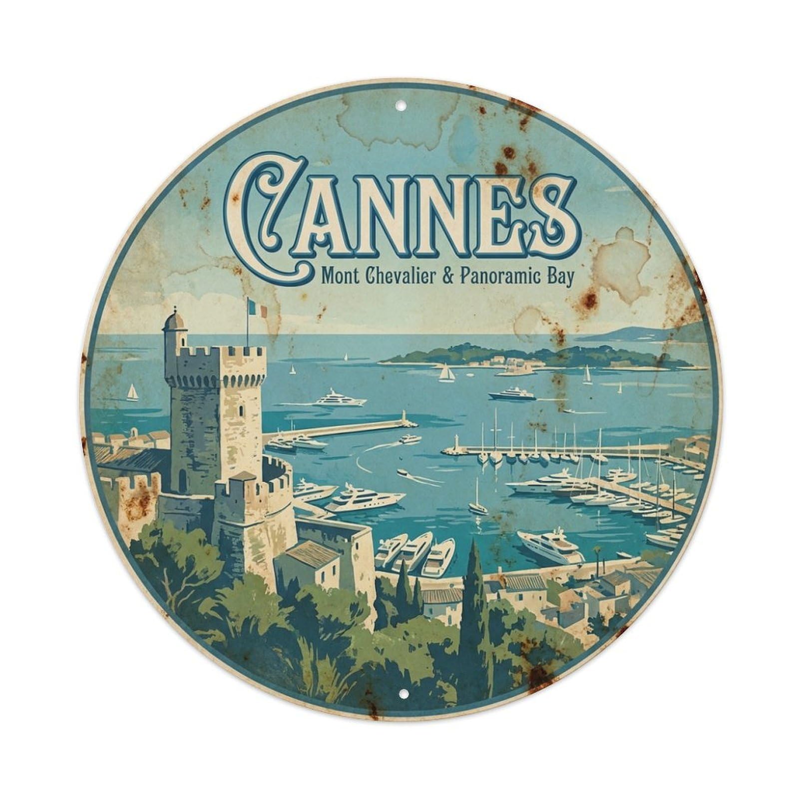 Coastal Travel Old Harbor Panorama Bay France Cannes Metal Tin Sign
