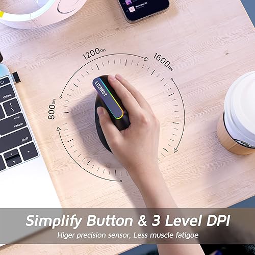 Miniatura 5 de LIZRROT Mouse ergonómico inalámbrico, mouse vertical RGB, 800-1600 DPI, 6 botones recargables 2.4G USB mouse para laptop, escritorio, PC, MacBook -