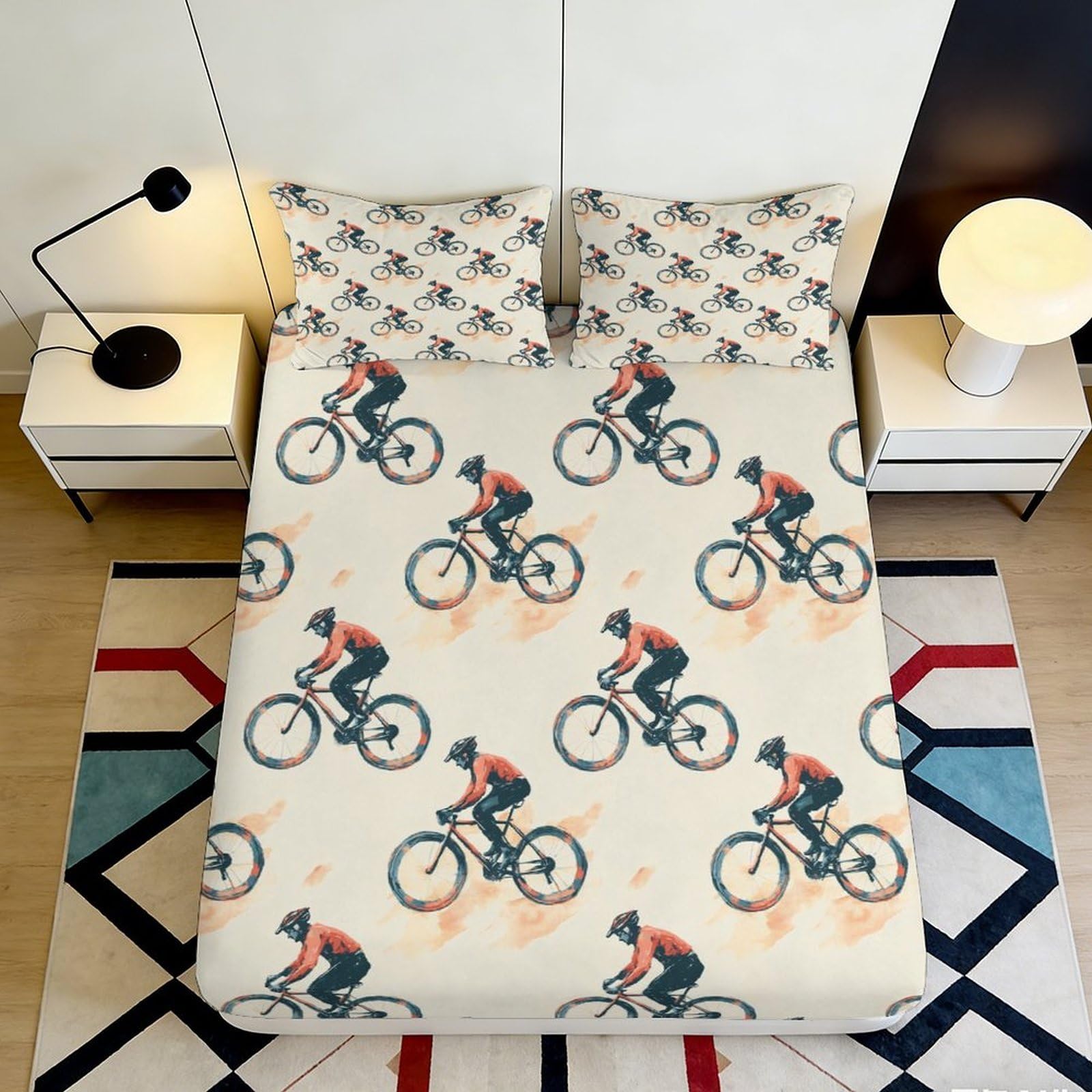 3D Printed Cycling Pattern Microfiber Fitted Sheet Deep Pocket Non-Slip Bedroom Bedding Cycling Mattress Fitted Cover Full Wrap Washable 200x200x25cm 90x200x25cm
