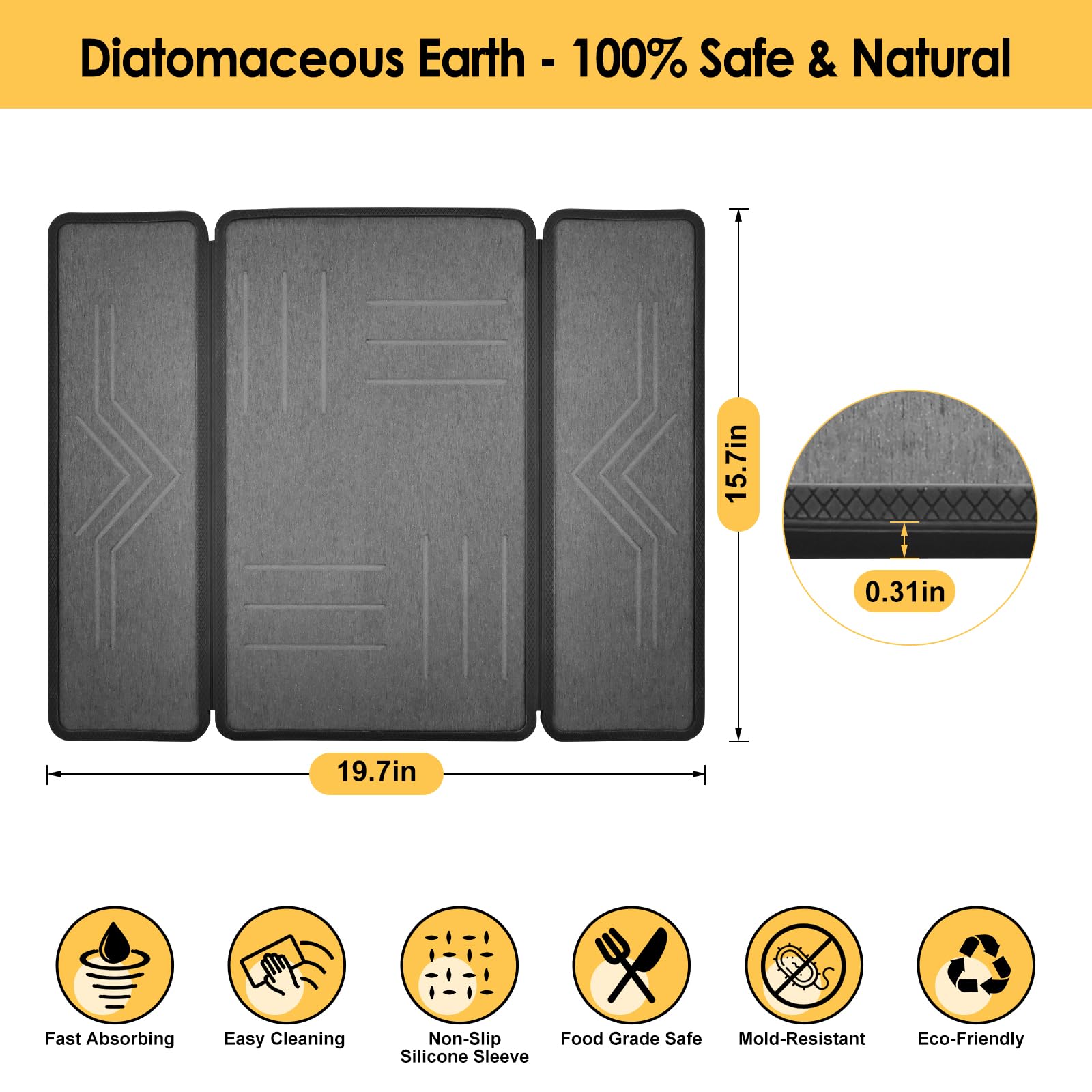 KitchenRaku Tapis d'égouttement en pierre avec housse en silicone, tapis d'égouttement pliable en trois parties, ultra absorbant et à séchage rapide pour la cuisine, respectueux de l'environnement