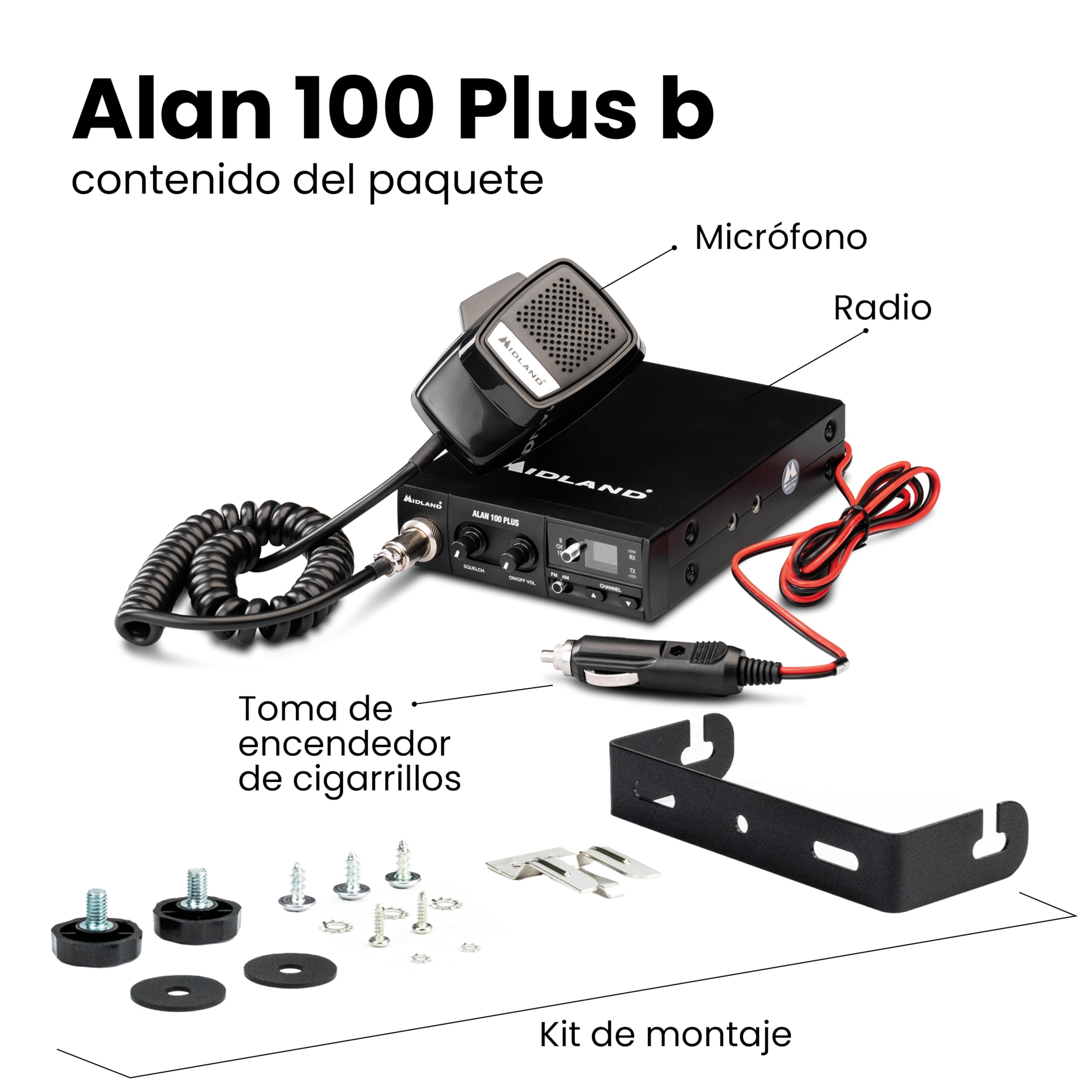 Midland Alan 100 Plus B C442.12 - Radio CB de Coche, 40 Canales Am/FM para Camiones y Caravanas, Emisora con Micrófono de 4 Pines, Pantalla de Canales, Squelch y Botones Up-Down, Negra
