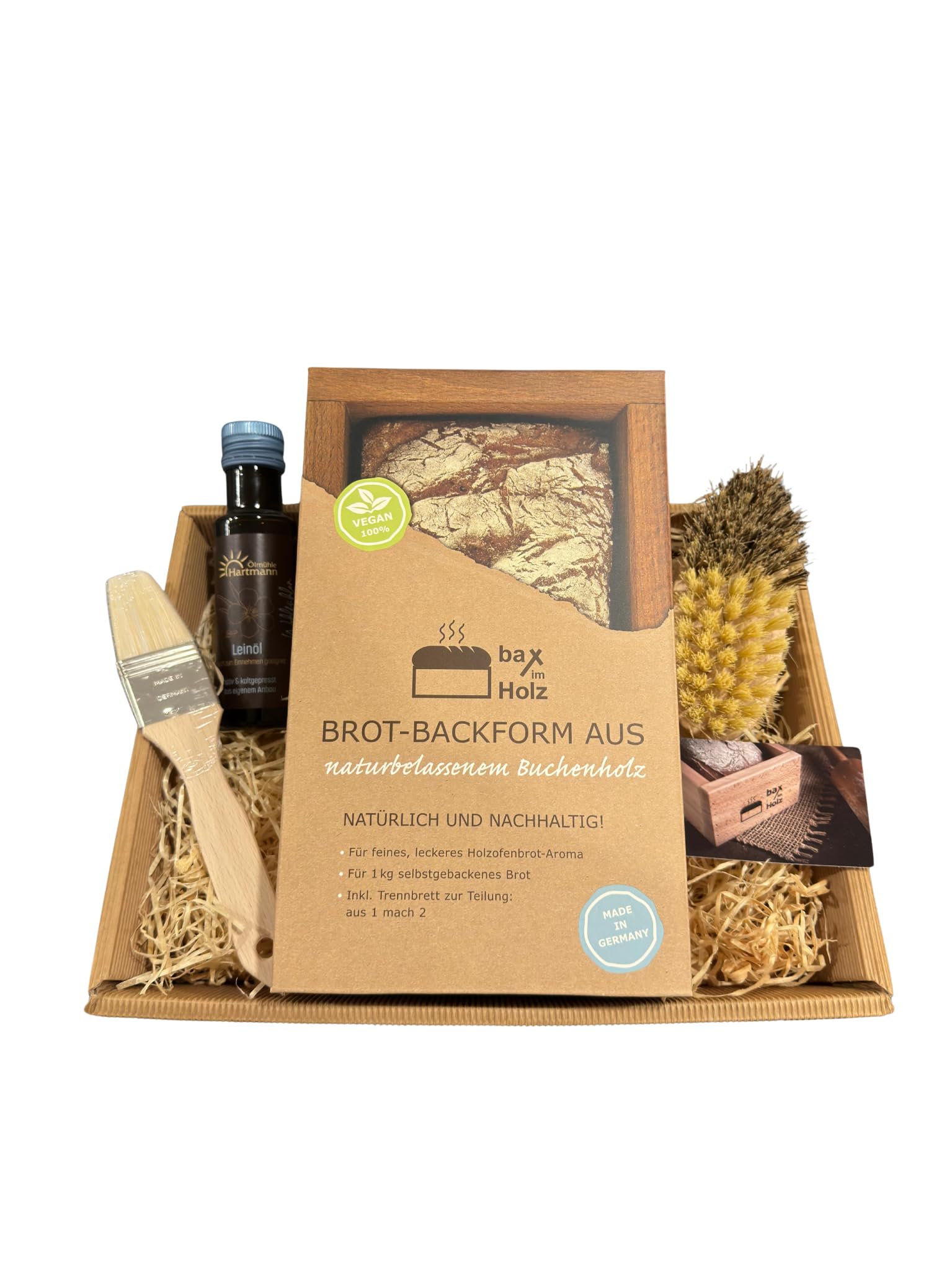 bax im Holz Geschenk Set zum Brotbacken mit Backform, Pinsel, Bürste und Leinöl im edlen Geschenkkarton