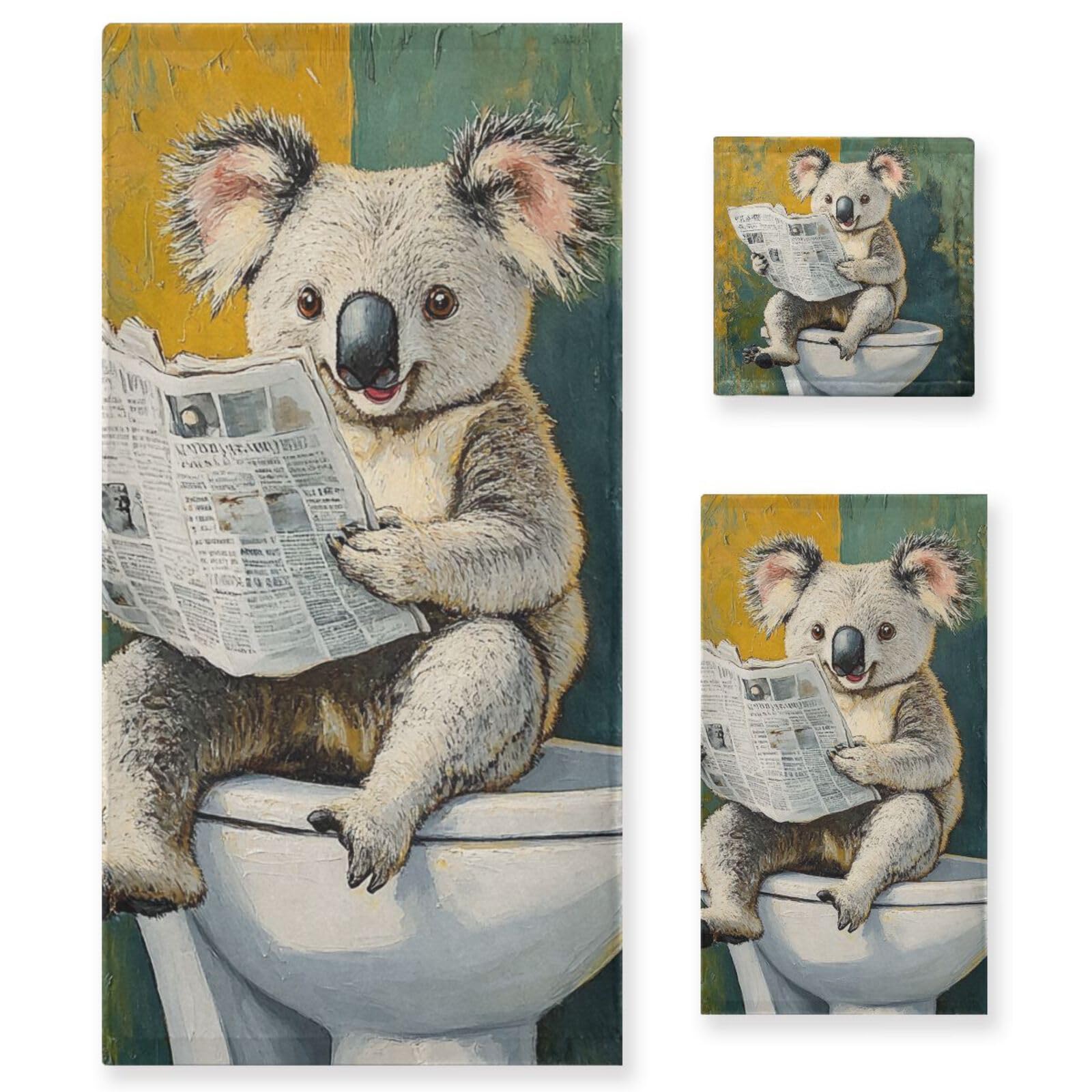 Funny Koala - Set di 3 asciugamani da bagno in stile vintage, con scritta Happy Head to Toe, 1 telo da bagno, 1 asciugamano per mani, 1 panno per la spiaggia, capelli, viso, palestra, nuoto