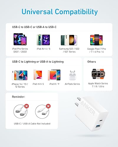 Miniatura 5 de Anker Cargador para iPhone 15, cargador Anker USB C, paquete de 2 cargadores de pared rápidos USB de doble puerto de 20 W, bloque de cargador USB C