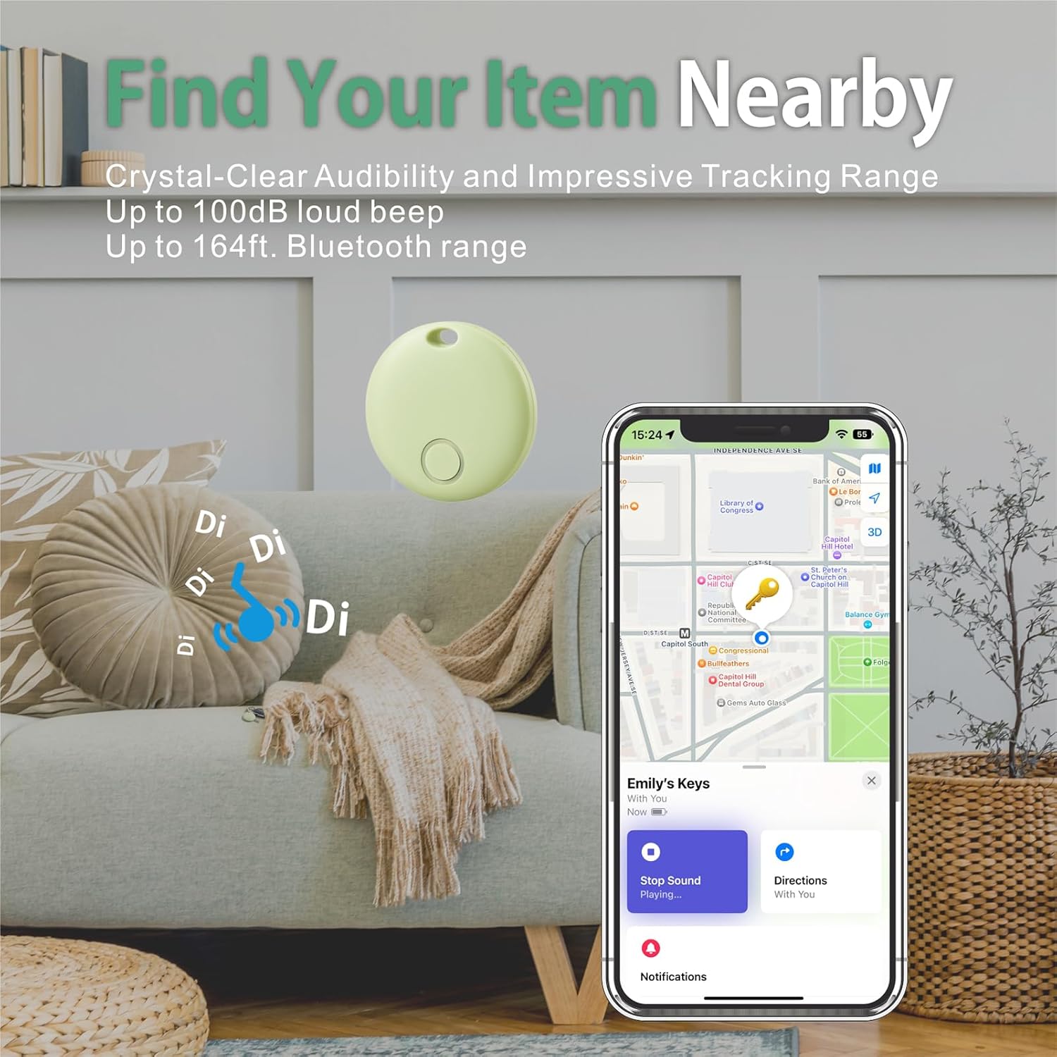 Reyke Smart Tag playing a sound to help locate it, with an iPhone showing the 'Play Sound' option in the Find My app.