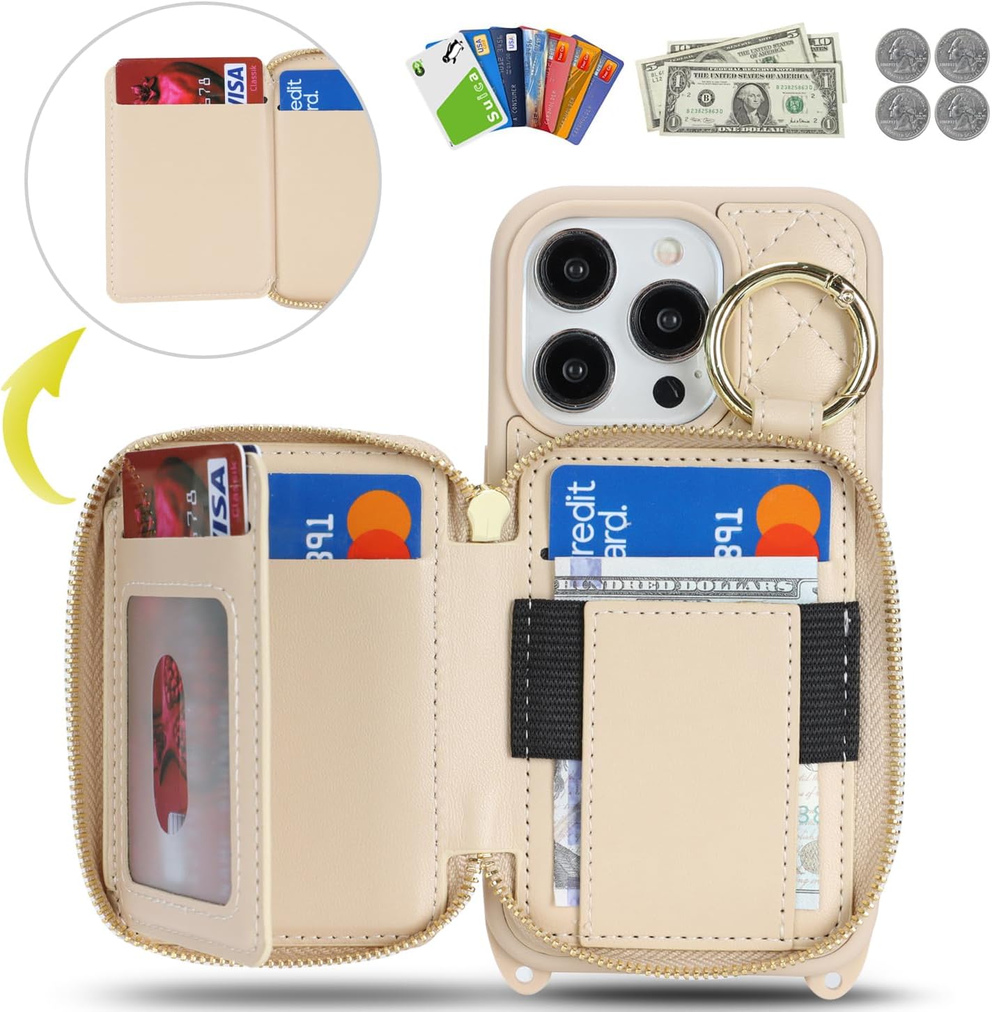 Crossbody Wallet Case for iPhone 14 Pro, PU Leather Zipper Handbag Purse Flip Cover, Kickstand Folio Case with Card Slots Holder Wrist Strap Lanyard 5G 6.1 Inch-White