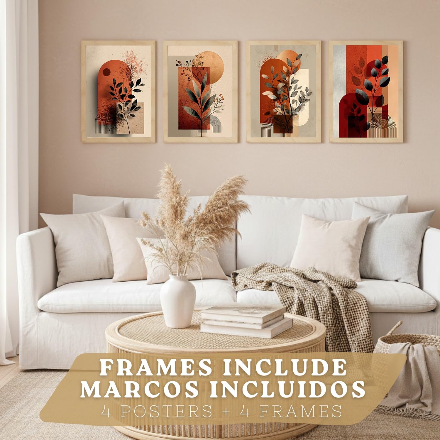 Nacnic Set De 4 Laminas Decorativas Flores Abstractas Cuadros Salon Modernos - Posters Decorativos Rojos Naranjas Decoración Dormitorios Cocina Baño A3 Marco Madera Clara