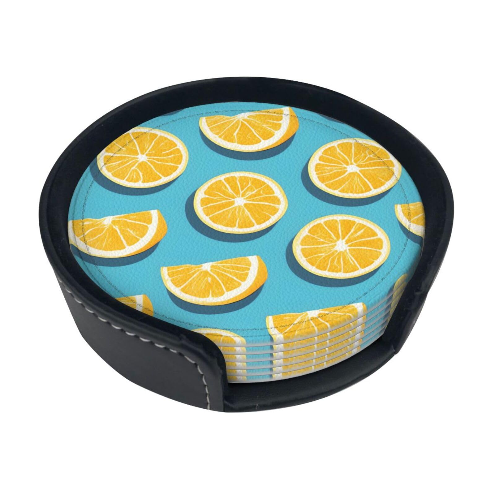 Cntdbu White Lemon Wedges Leather Coasters Set Of 6-Pu Leather Drink Mats For Table, Heat Resistant Round Coasters With Holder