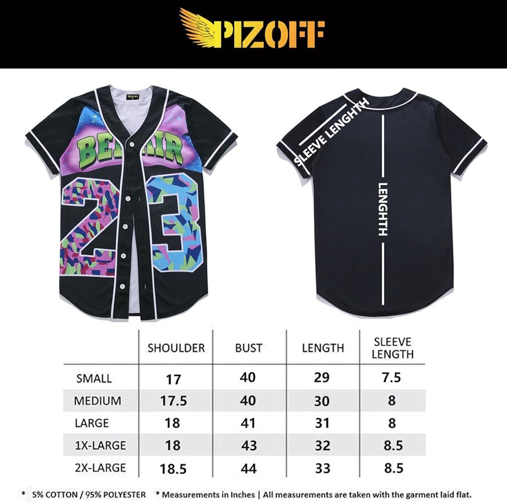PIZOFF Unisex Arc Bottom 3D Print Baseball Team Jersey Shirt