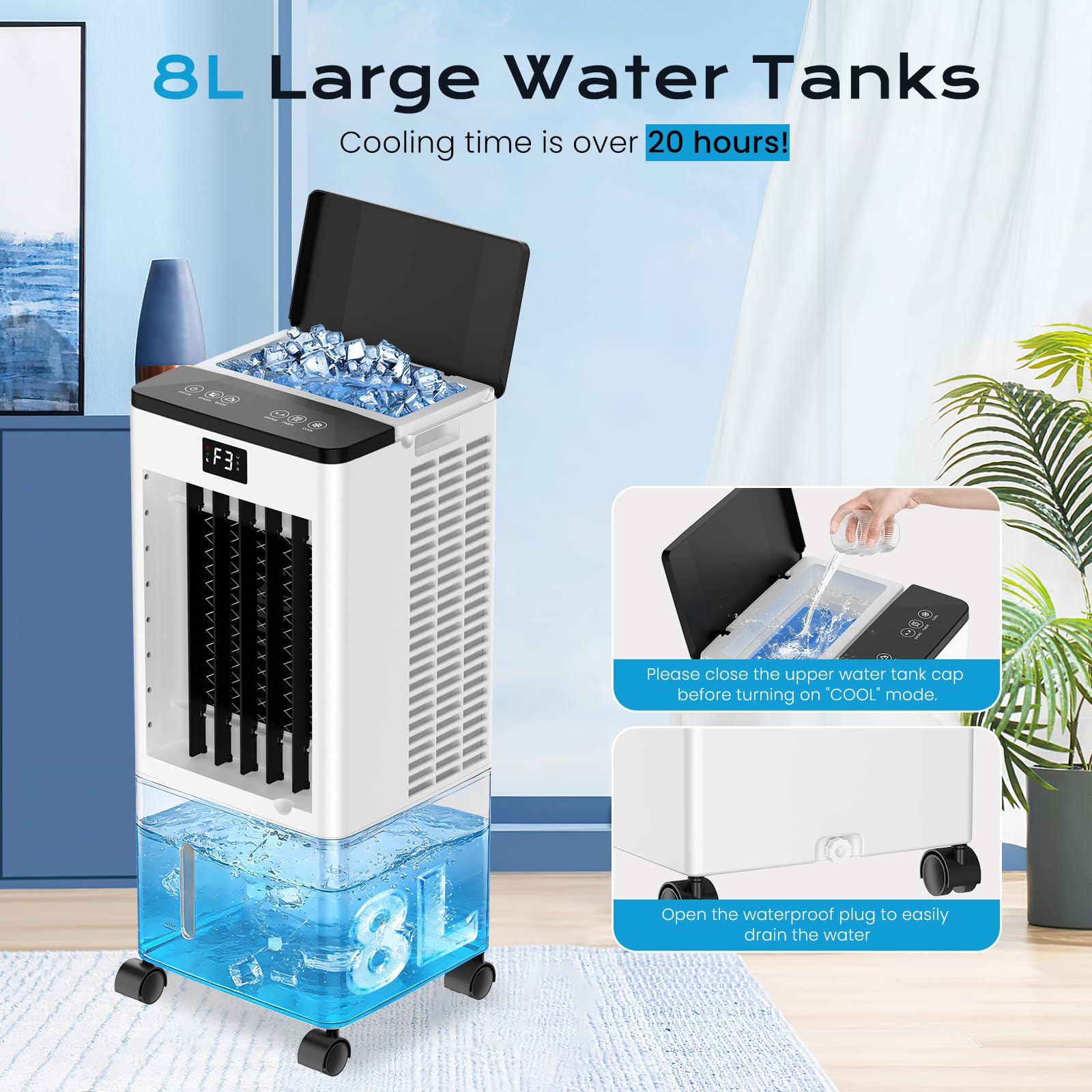 Climatiseur Mobile Silencieux Climatiseur Portable sans Évacuation Rafraîchisseur d'Air avec 2 Coussin d'eau, 12H Minuterie, 60W, 3 Vitesses, 3 Modes, Télécommande pour Chambre, Bureau, Maison