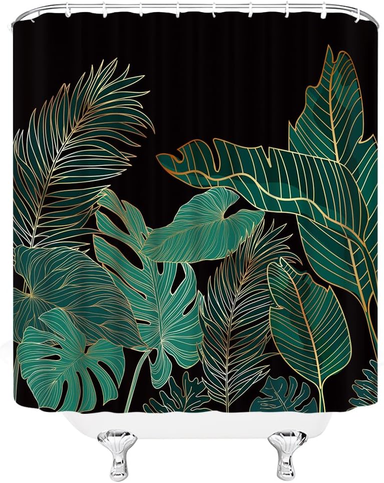 Tropical Leaves Shower Curtain Black Green Gold Palm Banana Monstera Leaf Plant Botanical Jungle Rainforest Nature Modern Aesthetic Bathroom Decor Fabric Bathroom Sets with Hooks