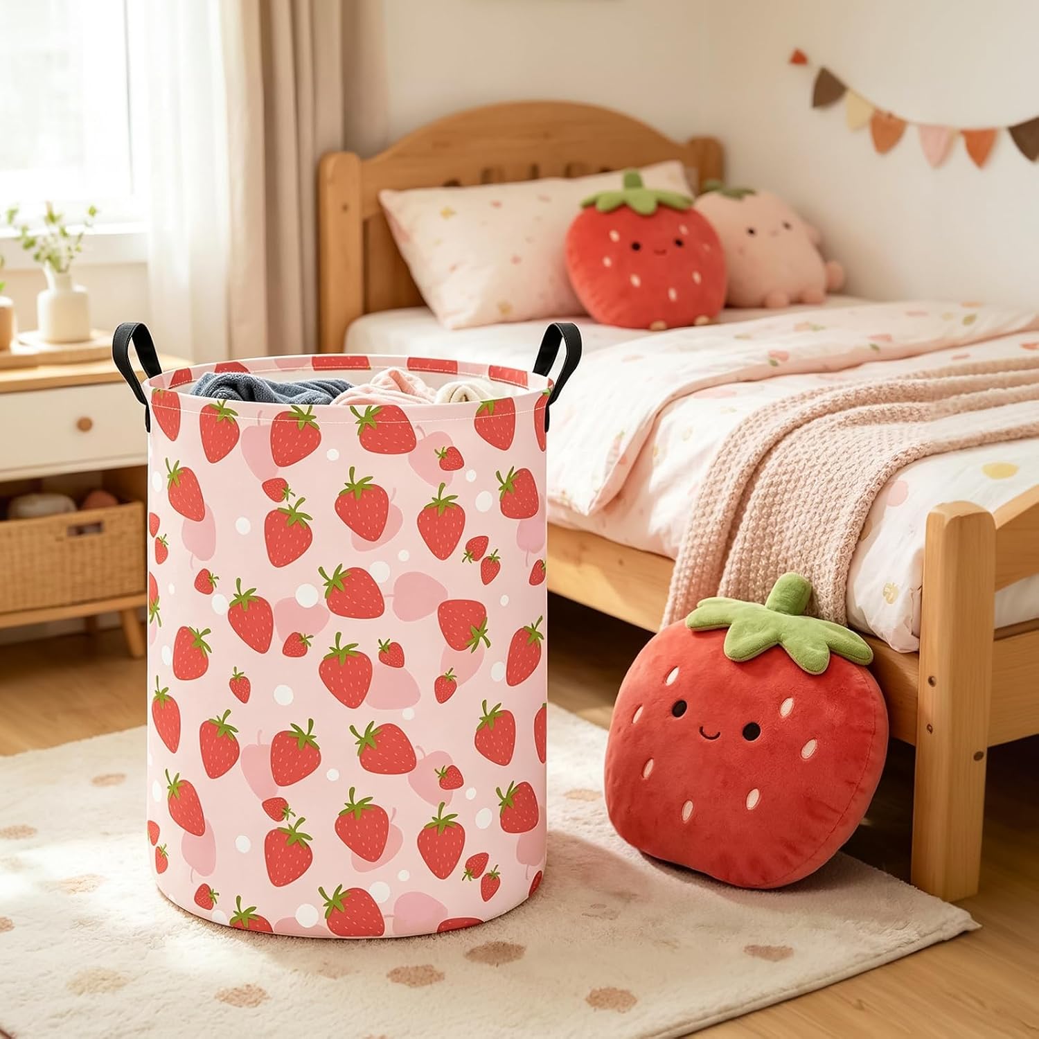 Round Fabric Collapsible Storage Basket with Handles, Strawberry