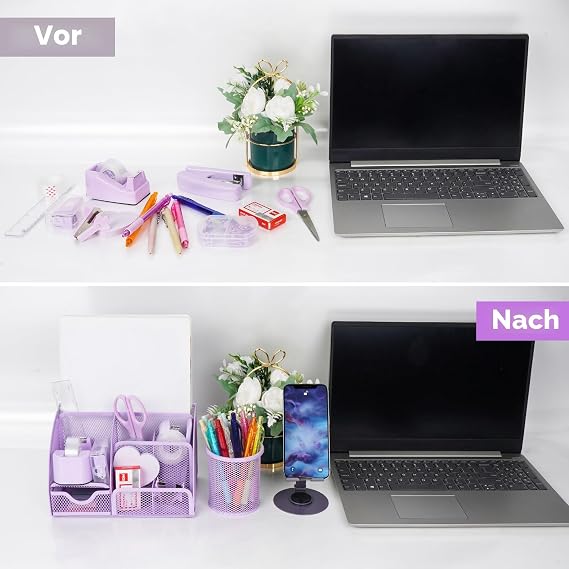 Desk Organizer and Accessories Office Supplies 15 HP Set with Stapler Staple Remover Pen Holder Clip Set Tape Dispenser Tape Phone Holder 1000 Staples Ruler Scissors (Purple)