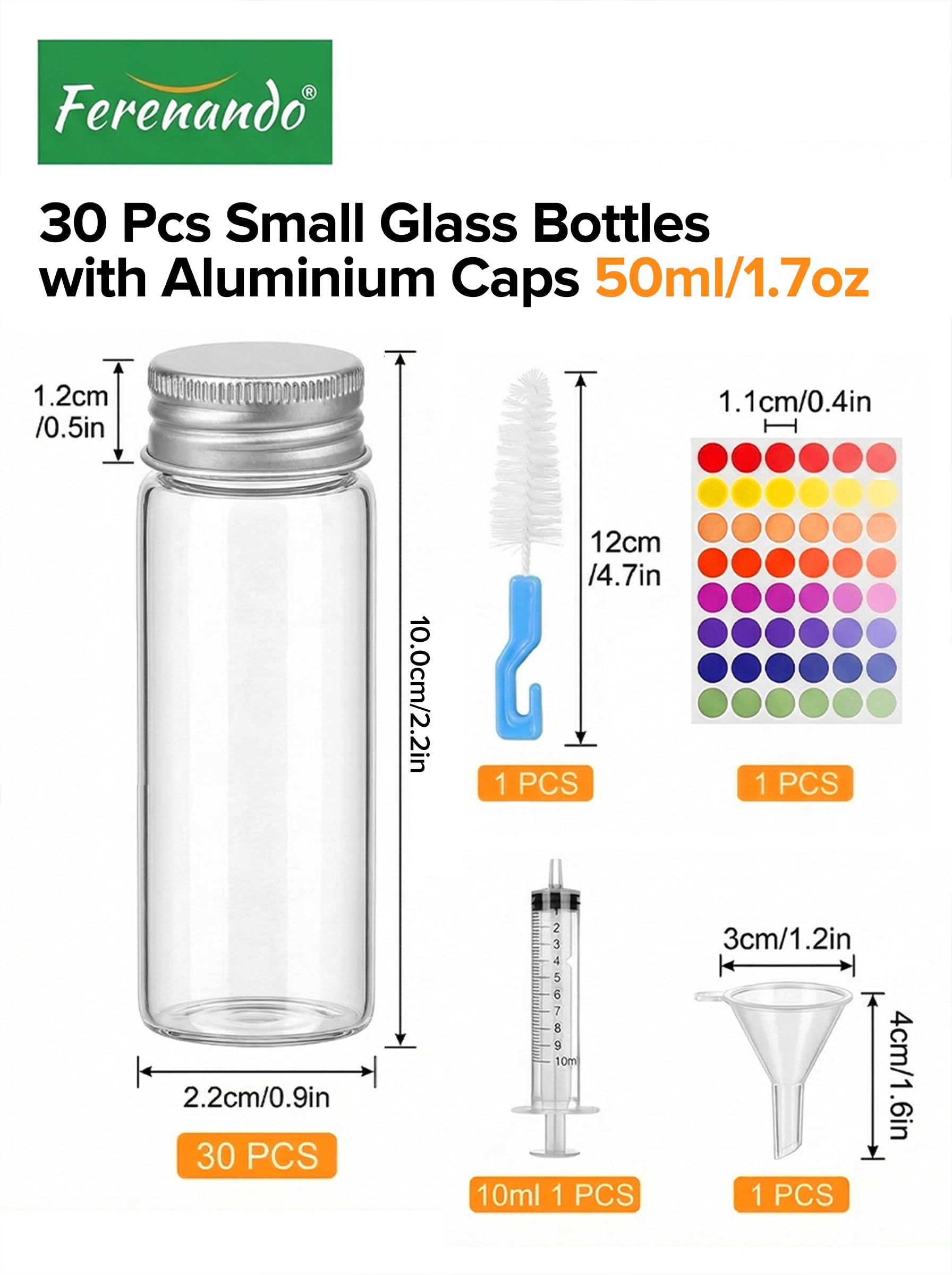 30 Pcs Tubes à Essai en Verre avec Bouchon à Vis en Aluminium, Petit Flacon en Verre, Mini Tube a Essai à Large Ouverture avec 4 Accessoires pour Bricolage, Liquides, Sable, Perles (50ml)