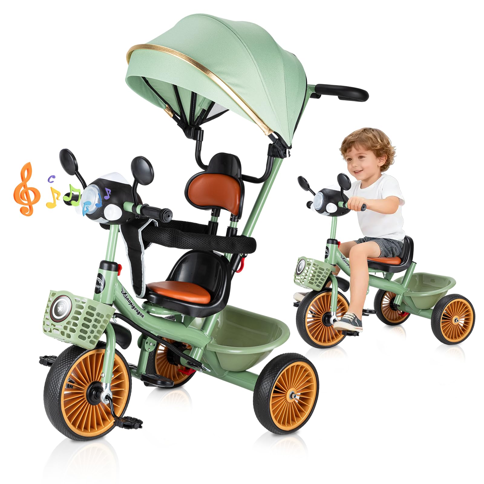KOZFULE Triciclo Infantil 5 en 1 con Parasol Ajustable, Pedales retráctiles, música y Luces.