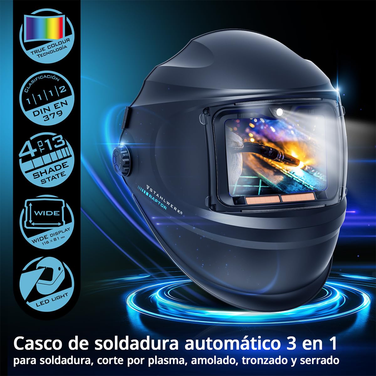 STAHLWERK Casco de Soldadura automático 3 en 1 Raptor – True Colour, luz LED, oscurecimiento automático DIN 4-13, Clase óptica 1/1/1/2, Campo Visual 116 x 81 mm, Pantalla de Soldadura, máscara