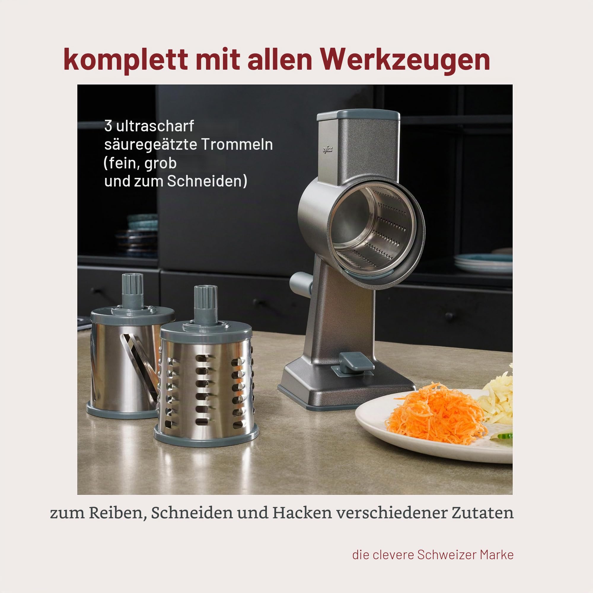 Zyliss Alu Trommelreibe Set, Käsereibe mit Kurbel, Gemüsereibe mit 3 Trommelklingen/Trommelblättern, Gemüseschneider, 5 Jahre Garantie