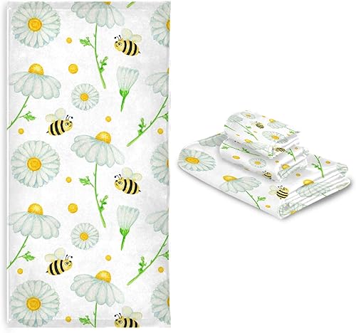 Miniatura 9 de Juego de 3 toallas de baño de flores blancas y abejas, 1 toalla de baño, 1 toalla de mano, 1 toalla, suave, versátil, elegante, toalla de baño