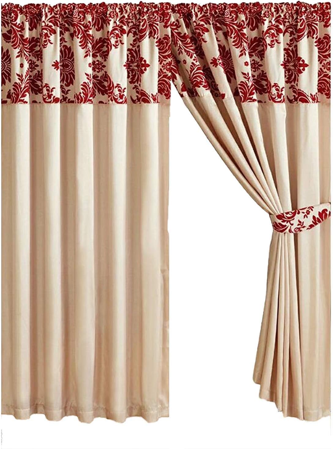 Neve Noelene Kelly Half Flock With Plain Design Damask Pencil Pleat Curtains - Cream Red (90" X 90" (230cm X 230cm))